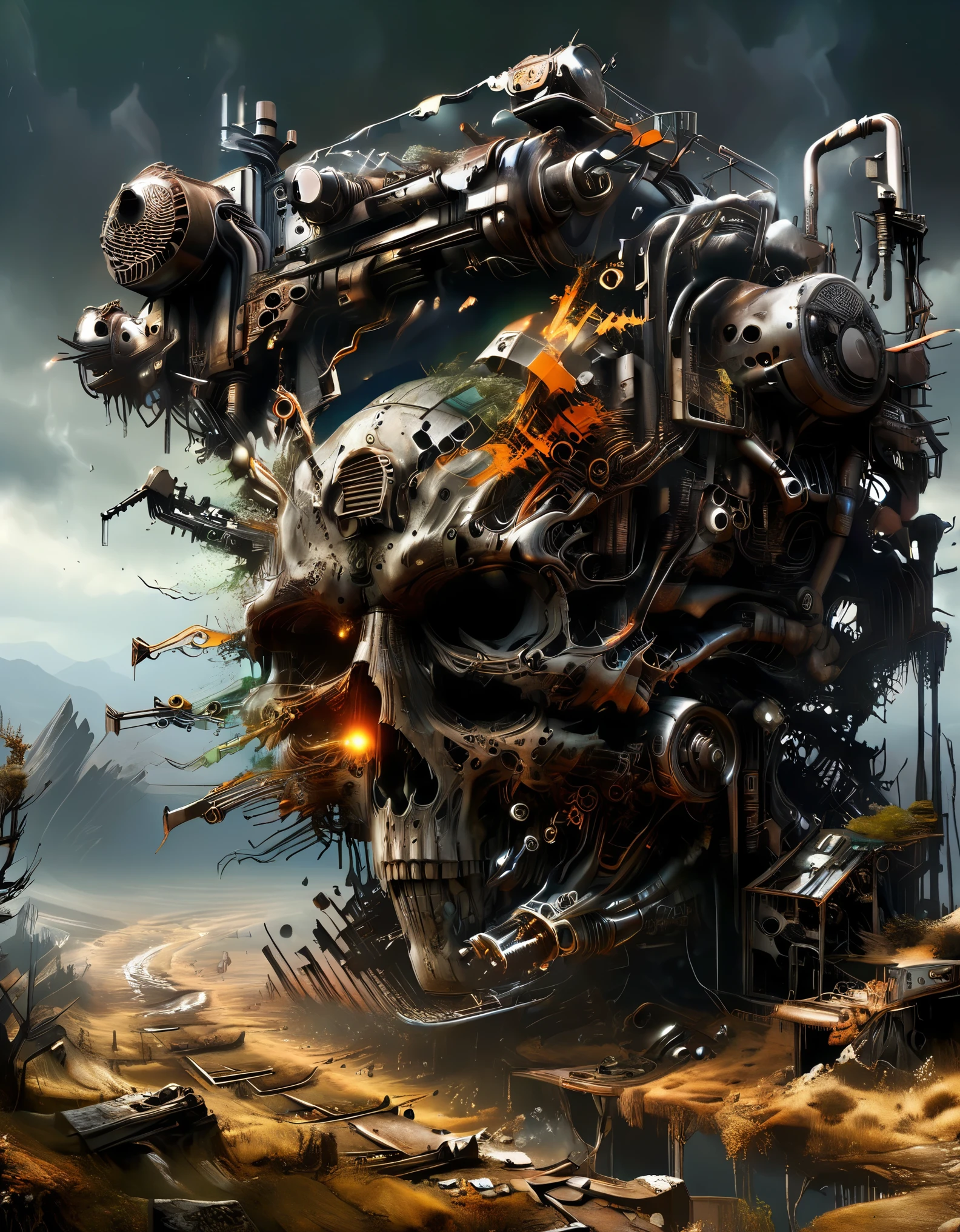 (Best Quality, High Definition), (Mountains of Abandoned Cyborg Limbs: 0.7), Cyborg Heads Amputated Limbs, Super Multi Mechanical Mutilated Bodies, Super Multi Scrapped Super Multi Broken Mechs, Mountain of Mechanical Junk, Post Apocalyptic, Anti-Utopia, Rusted Metal, Broken Parts, Moss, Ghostly Atmosphere, Destroyed Cities, Mechanical Wreckage, Lifeless, Desolation, Gloomy Lighting, dramatic perspective, decay, futurism, cyberpunk aesthetics, darkness, contrasts, shadows, mystery, abandoned buildings, wreckage, discarded machinery, ghostly, silence, solitude, desolation, fields