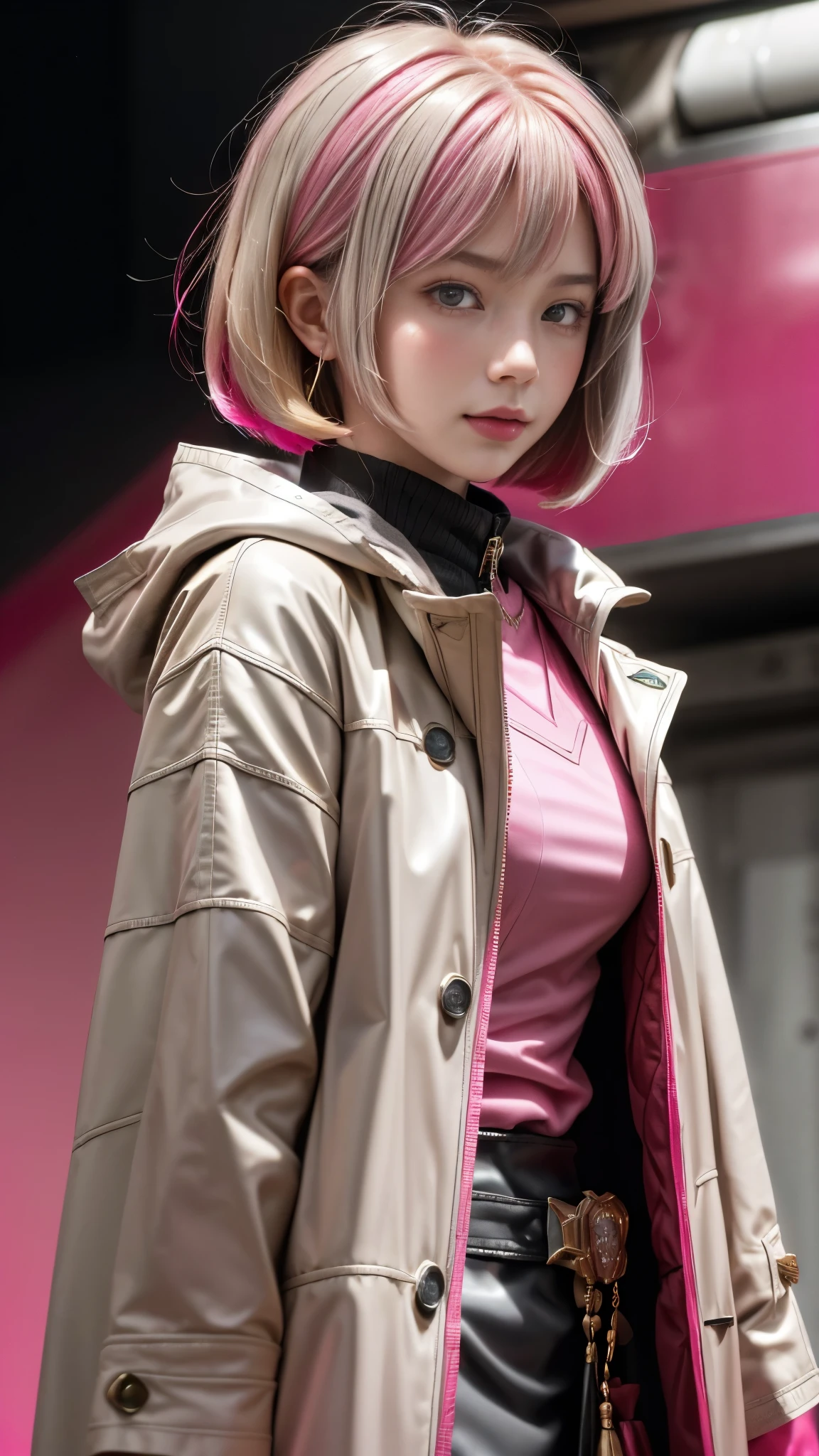 Realistic Red Sotheby Girl Photo,short bob cut,Her hair color is bright pink and has a gradation with blonde.,cool look,background is gray,Coat of arms of the Principality of Zeon,The 16-year-old daughter of Hamankarn and Char Aznable.,