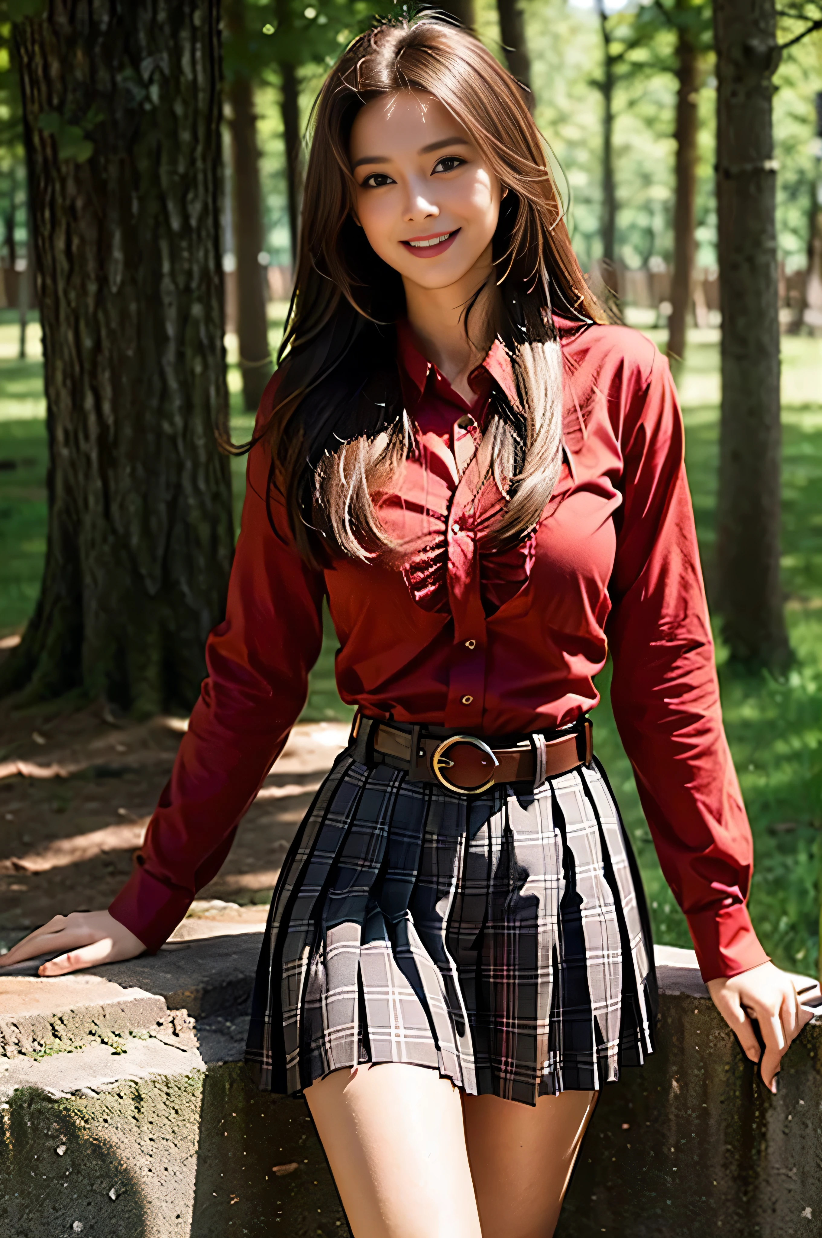 ((Beautiful girl from Japan:1.3))((pantyshot:1.5))((in woods:1.4)),((((red shirt、a belt、Pleated skirt with many checked folds:1.3)),)), ((Thin_textile:1.4)) ((Random sexy poses:1.3)) ((full of sweat:1.5))((Blushing face:1.4)) ((Large breasts same as:1.1)) ((close-up:1.2)) Best Quality,masutepiece,超A high resolution,(Photorealistic:1.4),Raw foto,(Authentic skin texture:1.3),(Film grain:1.3),the panorama,Character Portrait,Very Wide Shot,big breasts thin waist,Cowboy Shots,(Darkin, deepshadow, lowkey, cold light,) natta,(()),Streaming Tears,,Dust,Tindall Effect,(expressions),1girl in,beautiful detailed eyes and face,White Jabot,Brown eyes,((Brown-colored super long hair:1.4)) ((FULL BODYSHOT:1.5)) ((Smile:1.3)),(((Nice)))