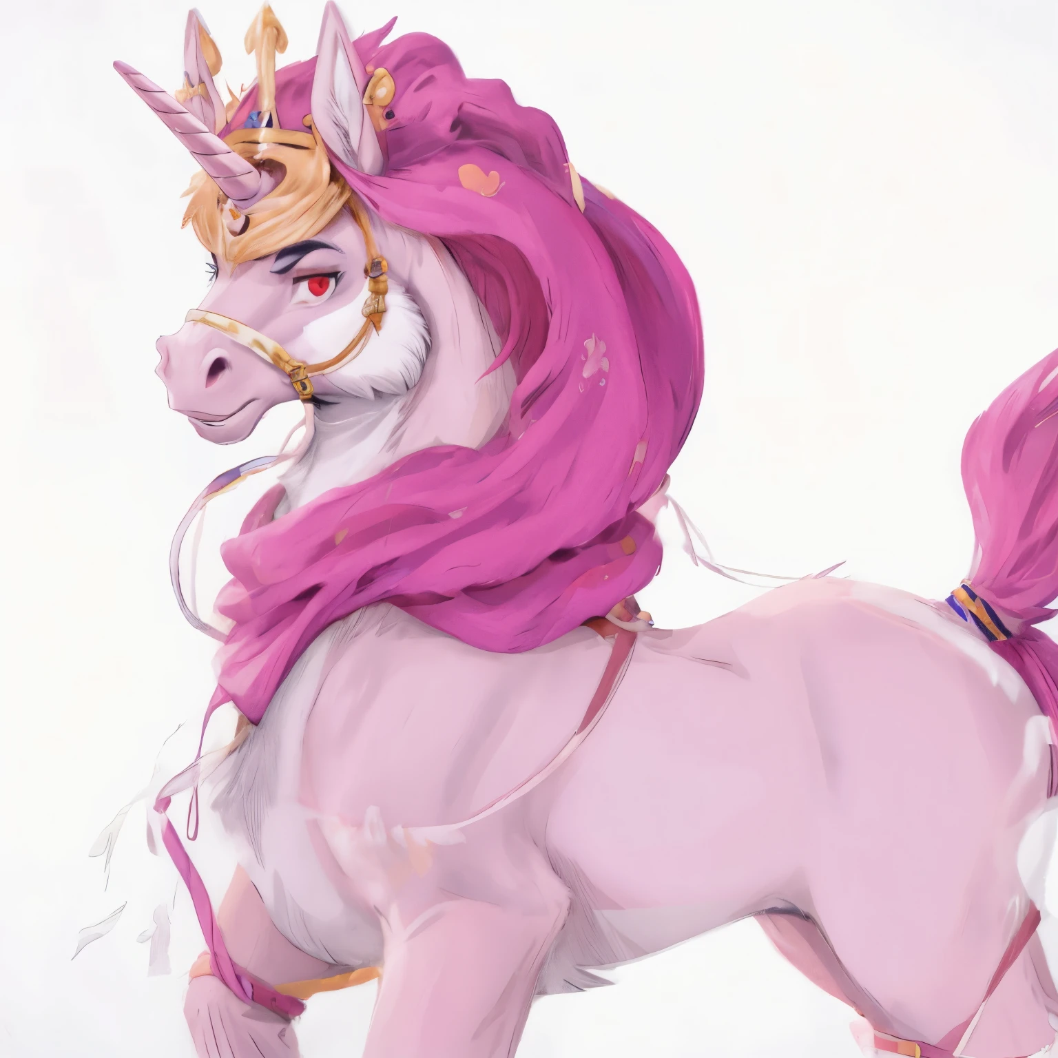 pink unicorn，horses，wearing a crown，noble，mighty，red eyes，表情noble，disney style， facing the audience，front