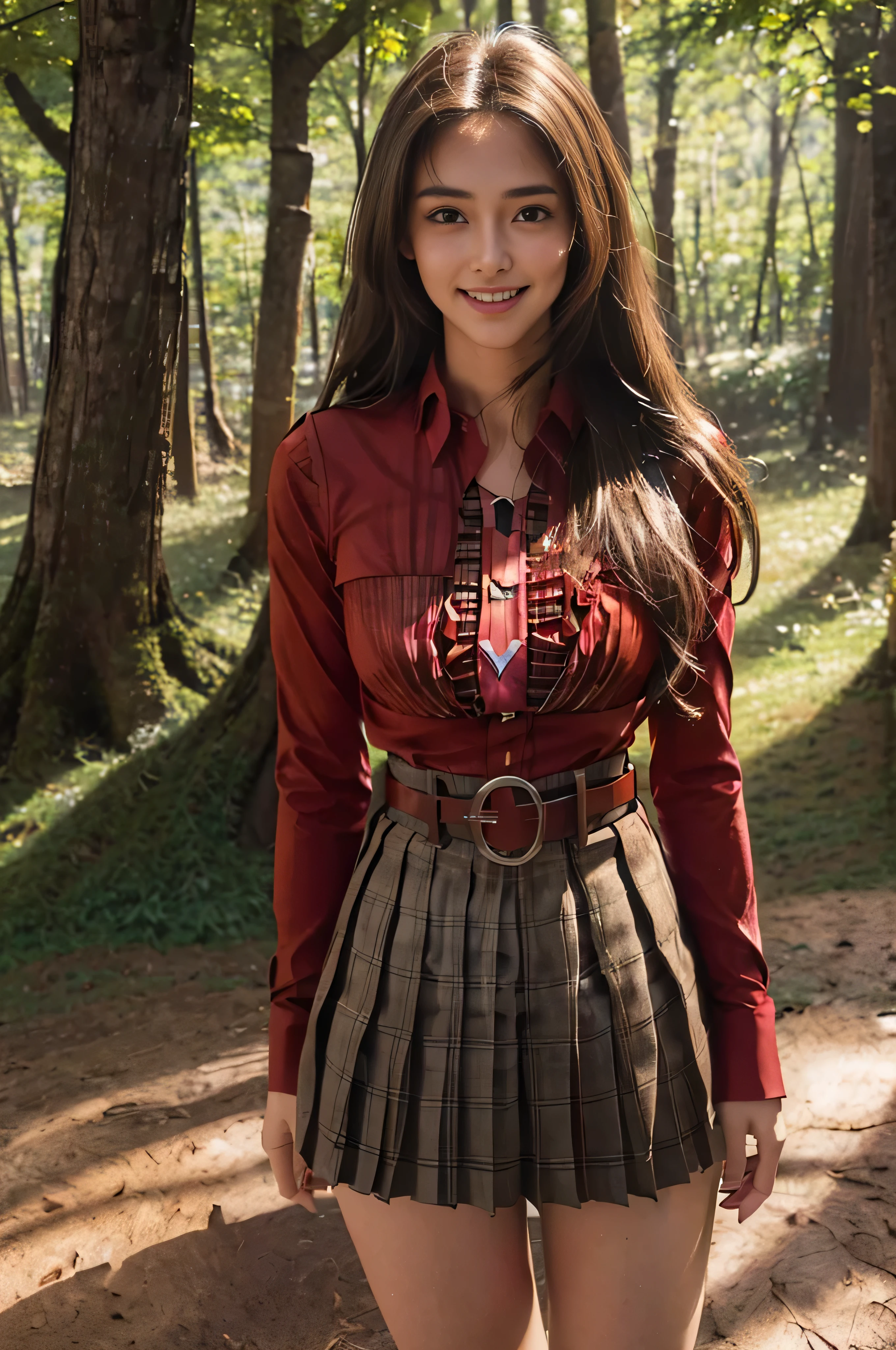 ((Beautiful girl from Japan:1.3))((pantyshot:1.5))((in woods:1.4)),((((red shirt、a belt、Pleated skirt with many checked folds:1.3)),)), ((Thin_textile:1.4)) ((Random sexy poses:1.3)) ((full of sweat:1.5))((Blushing face:1.4)) ((Large breasts same as:1.1)) ((close-up:1.2)) Best Quality,masutepiece,超A high resolution,(Photorealistic:1.4),Raw foto,(Authentic skin texture:1.3),(Film grain:1.3),the panorama,Character Portrait,Very Wide Shot,big breasts thin waist,Cowboy Shots,(Darkin, deepshadow, lowkey, cold light,) natta,(()),Streaming Tears,,Dust,Tindall Effect,(expressions),1girl in,beautiful detailed eyes and face,White Jabot,Brown eyes,((Brown-colored super long hair:1.4)) ((FULL BODYSHOT:1.5)) ((Smile:1.3)),(((Nice)))