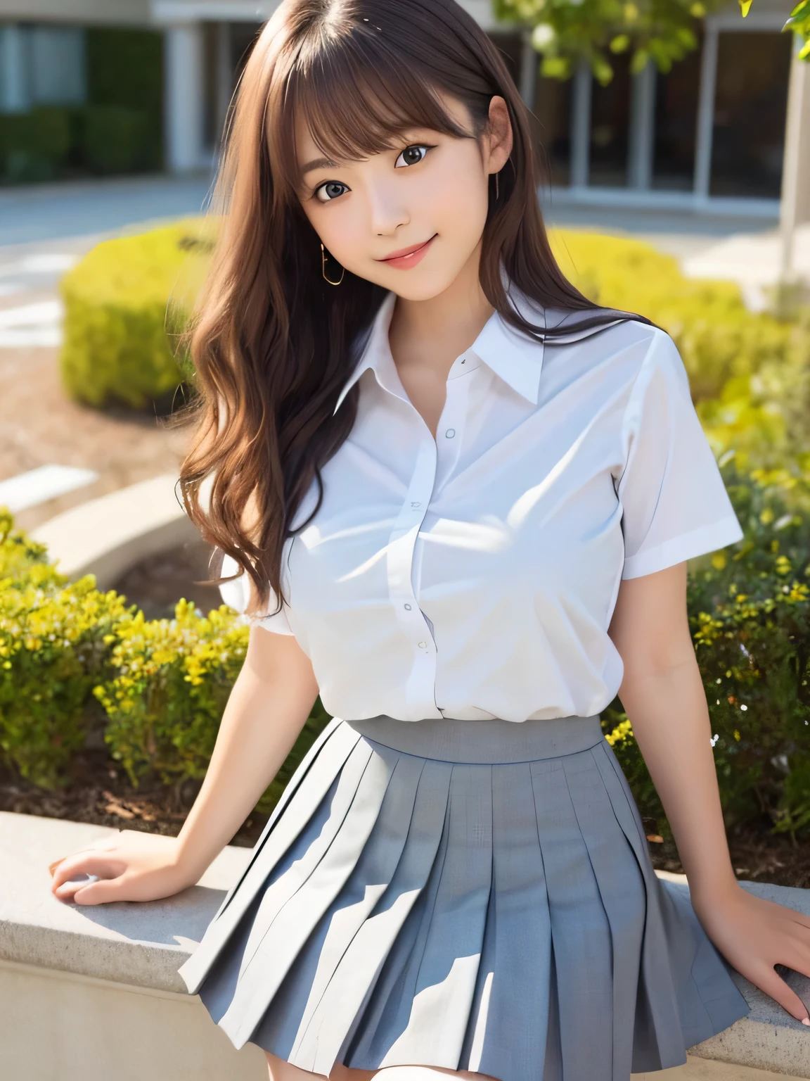 8k, highest quality, real image, intricate details, Super detailed, ultra high resolution, depth field,(realistic,realistic:1.2), from the middle, 1 Japanese girl, very beautiful 17 year old girl, Big eyes, beautiful breasts:1.5、highly detailed eyes:1.2), (beautiful breasts:1.1), (small breasts), wavy hair、curly hair、bangs, perfect skin, Fair skin, huge hips, thick thighs, thick legs, tight waist, light blush, alone, looking at the viewer, light smile, (School_uniform), (white shirt), (gray pleated skirt), (sculpture installation :1.1)