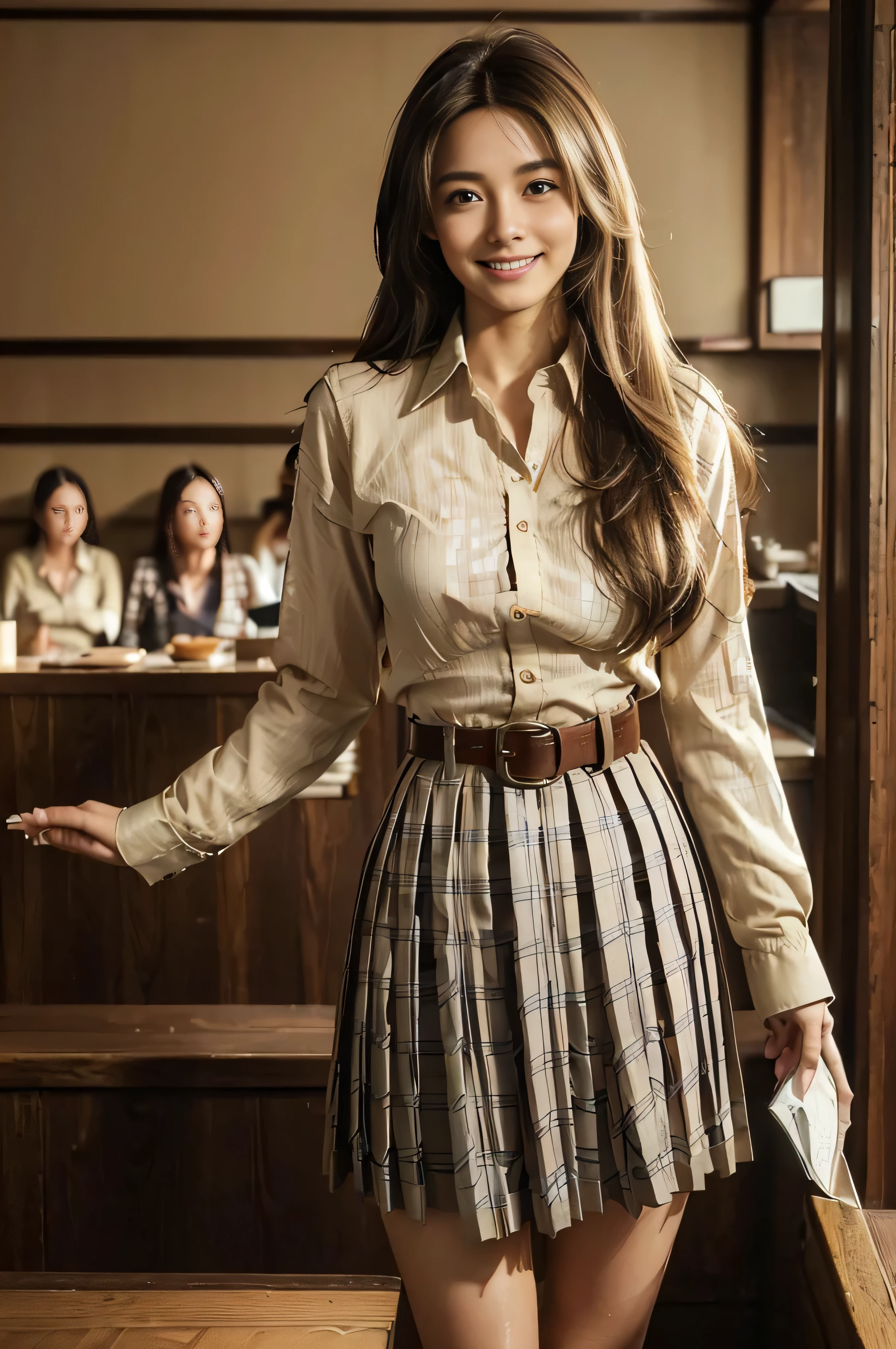 ((Beautiful girl from Japan:1.3))((pantyshot:1.5))((((In a crowded café at dusk:1.3)))),((((beige shirt、a belt、Pleated skirt with many checked folds:1.3)),)), ((Thin_textile:1.4)) ((Random sexy poses:1.3)) ((full of sweat:1.5))((Blushing face:1.4)) ((Large breasts same as:1.1)) ((close-up:1.2)) Best Quality,masutepiece,超A high resolution,(Photorealistic:1.4),Raw foto,(Authentic skin texture:1.3),(Film grain:1.3),the panorama,Character Portrait,Very Wide Shot,big breasts thin waist,Cowboy Shots,(Darkin, deepshadow, lowkey, cold light,) natta,(()),Streaming Tears,,Dust,Tindall Effect,(expressions),1girl in,beautiful detailed eyes and face,White Jabot,Brown eyes,((Brown-colored super long hair:1.4)) ((FULL BODYSHOT:1.5)) ((Smile:1.3)),(((Nice)))