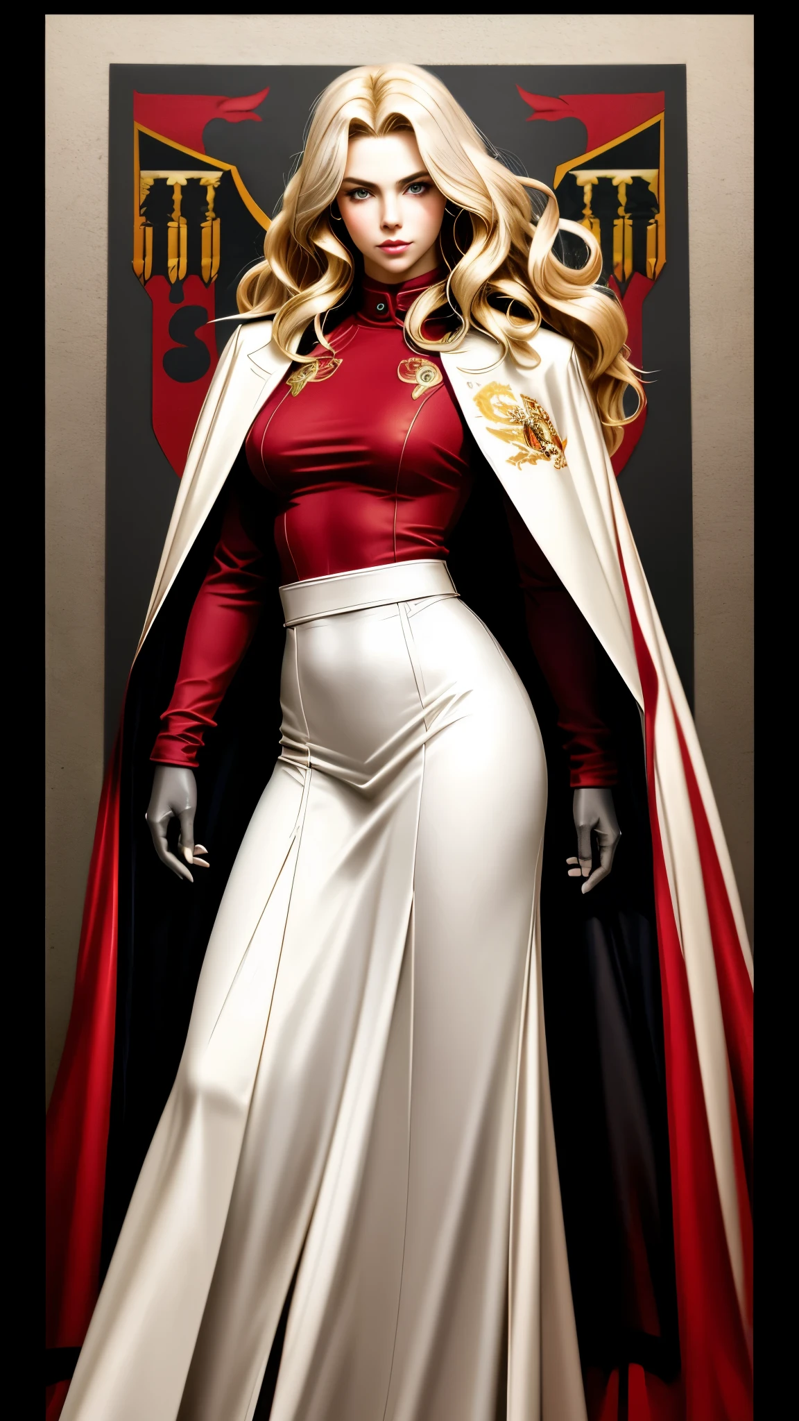 Realistic Red Sotheby Girl Photo,35 year old beautiful woman,long side waves,delicate blonde hair,cool look,background is gray,Coat of arms of the Principality of Zeon,