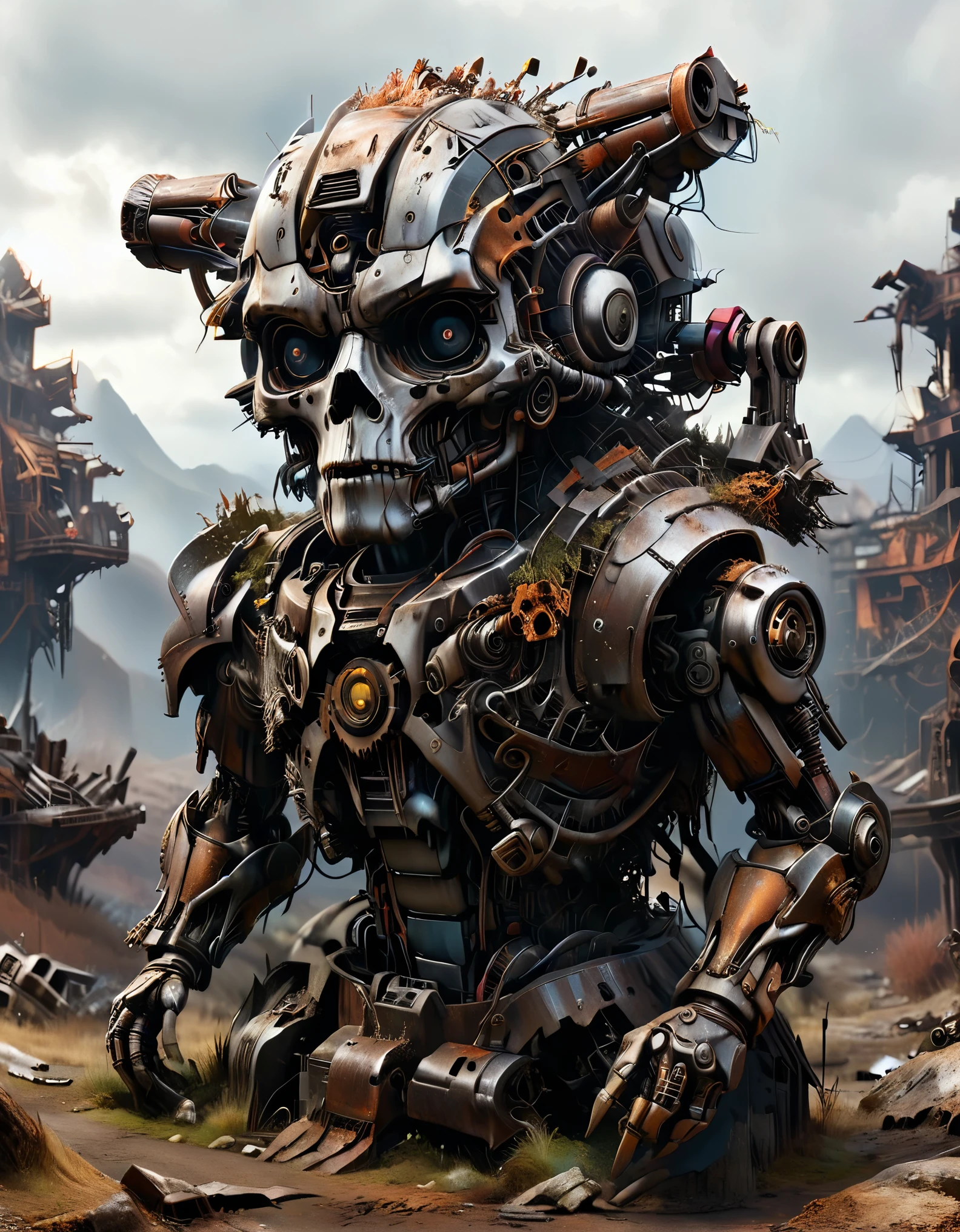 (Best Quality, High Definition), Abandoned machinery, super duper robotic heads with severed limbs, super duper robotic heads with mutilated bodies, super duper scrapped robotic heads ，（covered with dead branches），（Rusty 0.35）, （Mutilated limbs），super duper broken mecha trash mountains, mechanical trash mountains, post-apocalyptic, anti-utopia, rusty metal, broken parts, moss, ghostly atmospheres, destroyed cities, mechanical wrecks, inanimate, desolation, somber lighting, dramatic perspectives, decay, futuristic, cyberpunk aesthetics, darkness, contrasts, shadows, mystique, abandoned buildings, debris, discarded machinery, ghosts, silence, loneliness, barrenness,，