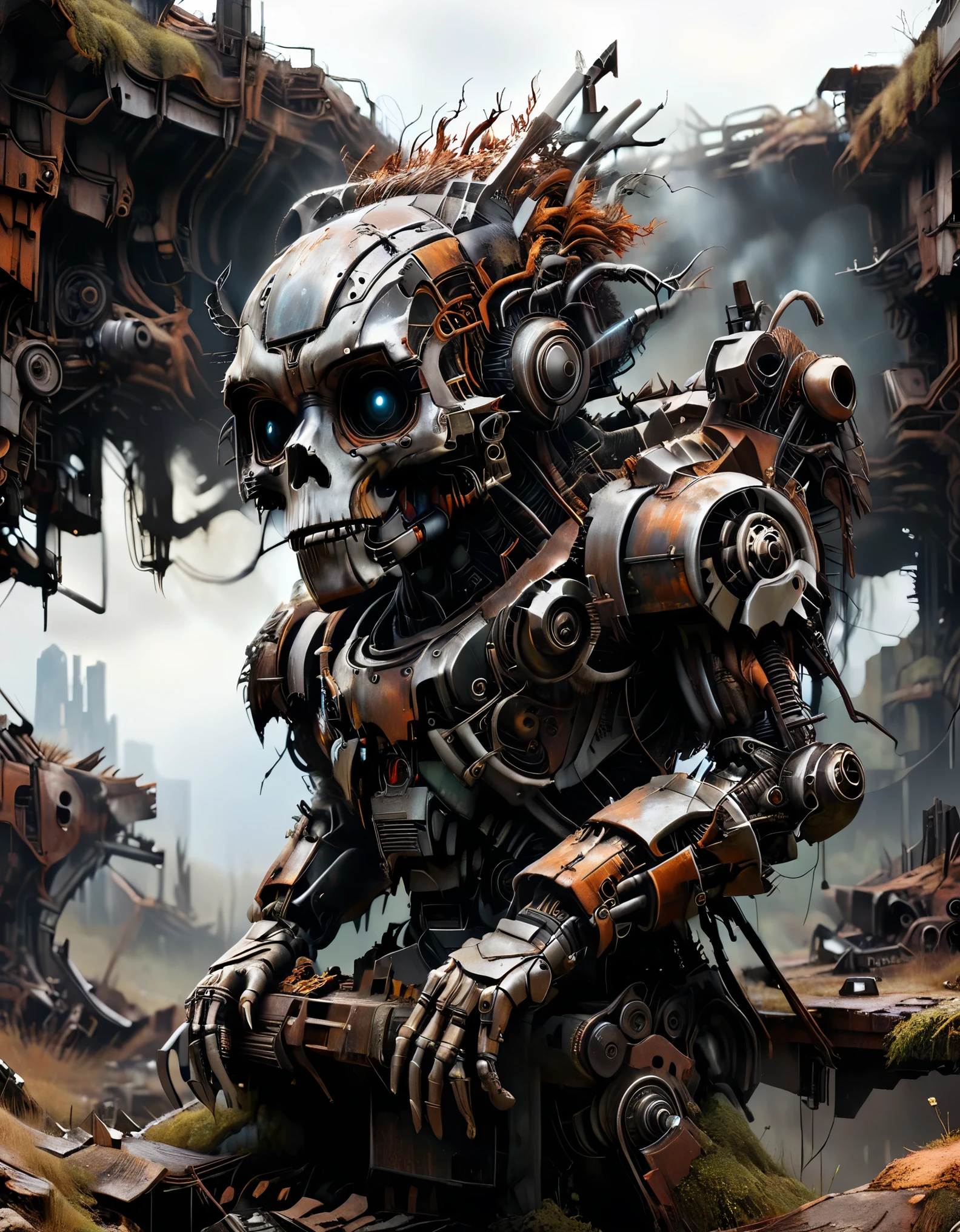 (Best Quality, High Definition), Abandoned machinery, super duper robotic heads with severed limbs, super duper robotic heads with mutilated bodies, super duper scrapped robotic heads ，（covered with dead branches），（Rusty 0.35）, （Mutilated limbs），super duper broken mecha trash mountains, mechanical trash mountains, post-apocalyptic, anti-utopia, rusty metal, broken parts, moss, ghostly atmospheres, destroyed cities, mechanical wrecks, inanimate, desolation, somber lighting, dramatic perspectives, decay, futuristic, cyberpunk aesthetics, darkness, contrasts, shadows, mystique, abandoned buildings, debris, discarded machinery, ghosts, silence, loneliness, barrenness,，