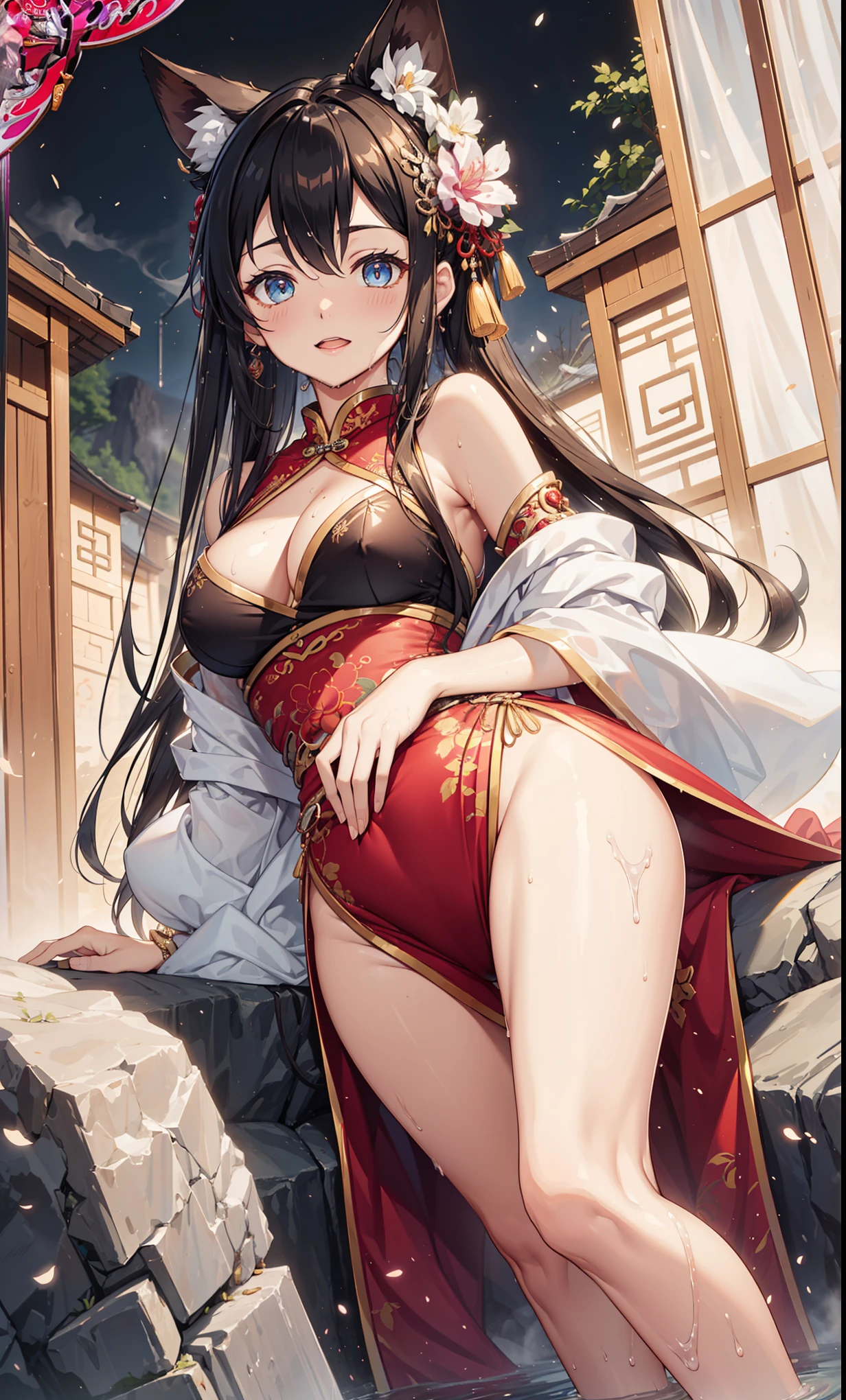 top quality,best resolution,(Drenched white long cheongsam),Super detailed, She has a white twin tail,young women,charm,Design intricate clothes,blue eyes,Vision cloud light paradise,Elegant and charming,((Wet people,A misty Chinese hot spring in the background)),leg rings,anklet,night,little lighting,charm的姿势