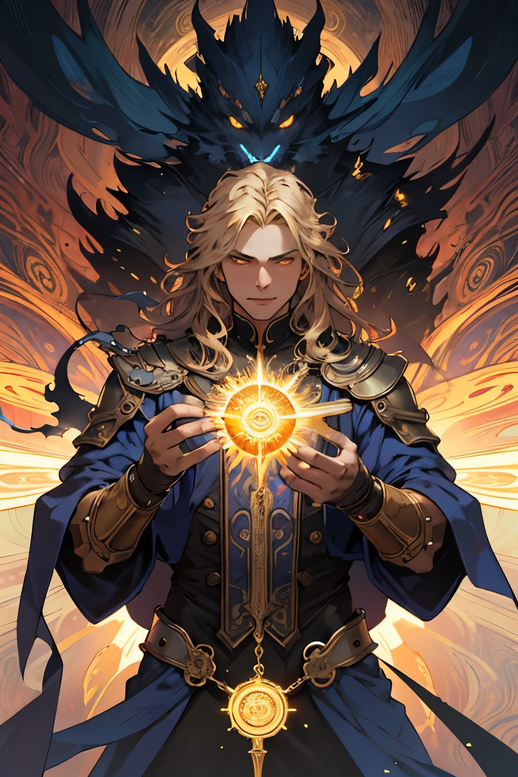 1 man,(long golden hair:1.1), golden eyes, bishop, (zendispute, mandala, dispute, endispute:0.6),(Fractal art),Chaos in its most beautiful form,Mucha style, consciousness,sun, steam Punk,
