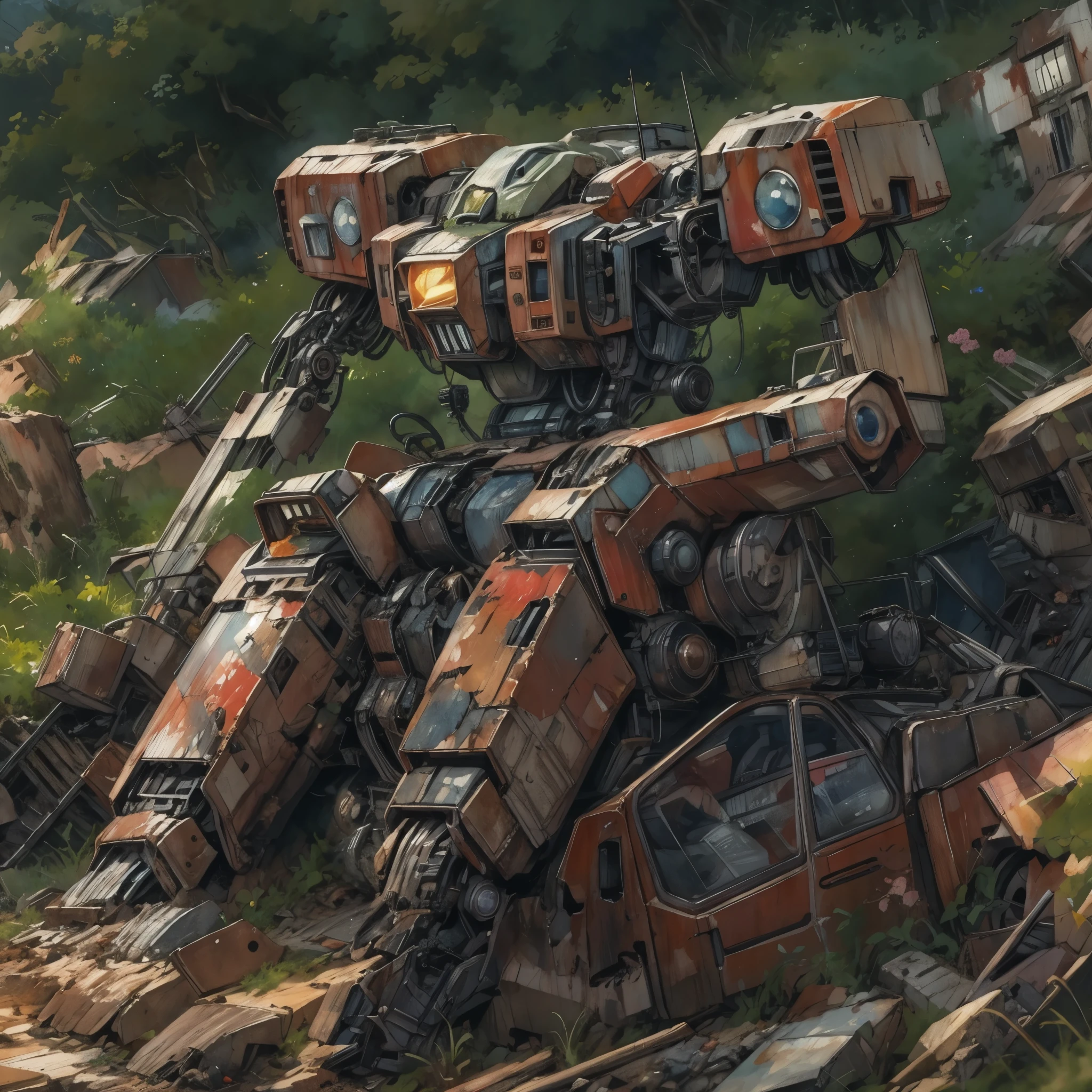 rusty Mecha, dead laying mecha, Abandoned Mech, {broken mecha:1.5}, in junkyard, scrapped, bushes, grass, {rusted. rust, rusty:1.5}, (anime:1.9), (watercolor, high detail, cinematic lighting, god rays, ray tracing, reflection light, backlighting, drop shadow, bokeh, UHD, retina, masterpiece, anatomically correct, super detail, high details, high quality, highres, best quality, 4K, 1080P, 8k