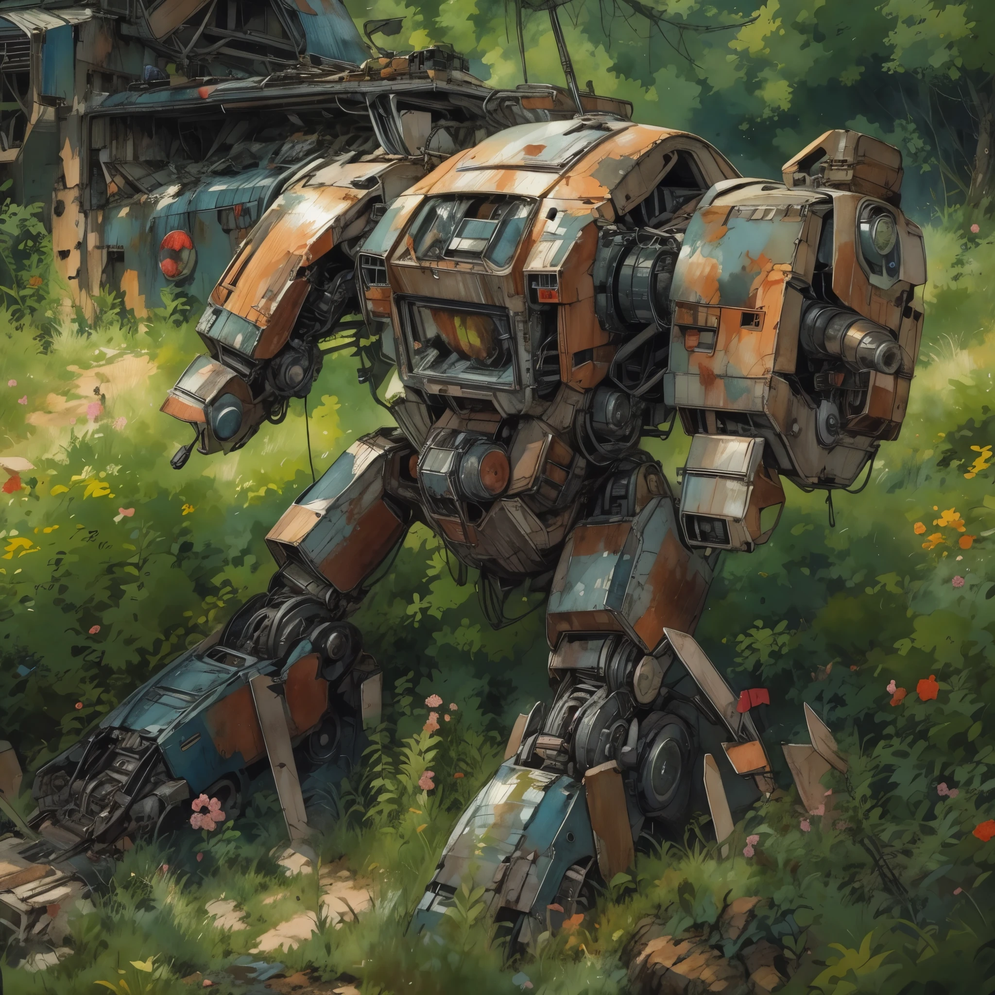 rusty Mecha, dead laying mecha, Abandoned Mech, {broken mecha:1.5}, in junkyard, scrapped, bushes, grass, {rusted. rust, rusty:1.5}, (anime:1.9), (watercolor, high detail, cinematic lighting, god rays, ray tracing, reflection light, backlighting, drop shadow, bokeh, UHD, retina, masterpiece, anatomically correct, super detail, high details, high quality, highres, best quality, 4K, 1080P, 8k