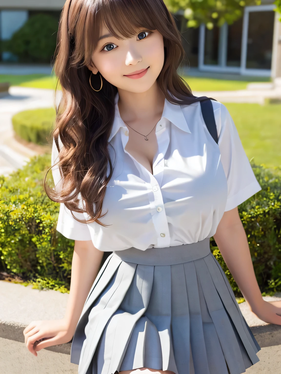 8k, highest quality, real image, intricate details, Super detailed, ultra high resolution, depth field,(realistic,realistic:1.2), from the middle, 1 Japanese girl, very beautiful 17 year old girl, Big eyes, beautiful breasts:1.5、highly detailed eyes:1.2), (beautiful breasts:1.1), (small breasts), wavy hair、curly hair、bangs, perfect skin, Fair skin, huge hips, thick thighs, thick legs, cleavage, tight waist, light blush, alone, looking at the viewer, smile, (School_uniform), (white shirt), (gray pleated skirt), (sculpture installation :1.1)