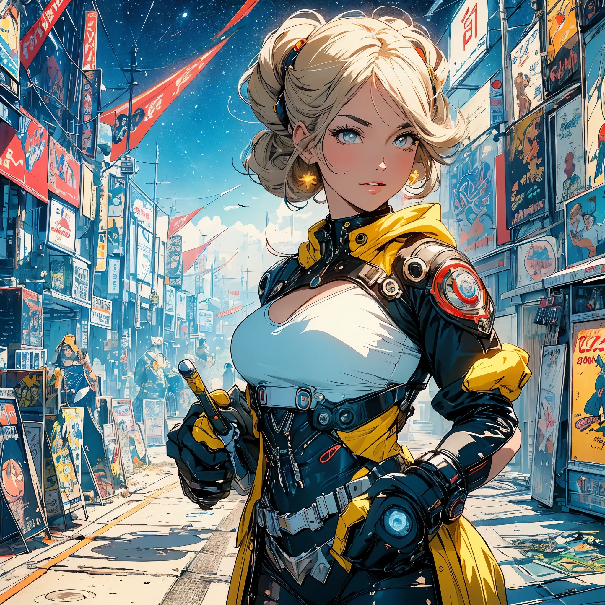 (masterpiece, highest quality), 32K,(highly detailed beautiful woman), poster,SF,1960s,1970s,bauhaus, shape, abstract,movie poster, vintage,retro,futuristic anime,ultimate map,highlight,highly detailed glowing eyes,cleavage,complicated pattern,Stylish hairstyle,yellow clothes,Starry Sky,cyber punk
