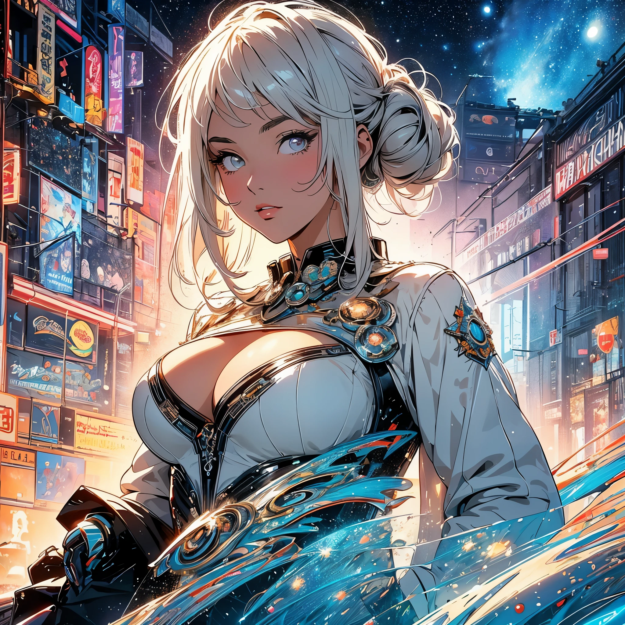 (masterpiece, highest quality), 32K,(highly detailed beautiful woman), poster,SF,1960s,1970s,bauhaus, shape, abstract,movie poster, vintage,retro,futuristic anime,ultimate map,highlight,highly detailed glowing eyes,cleavage,complicated pattern,Stylish hairstyle,White clothes,Starry Sky,cyber punk