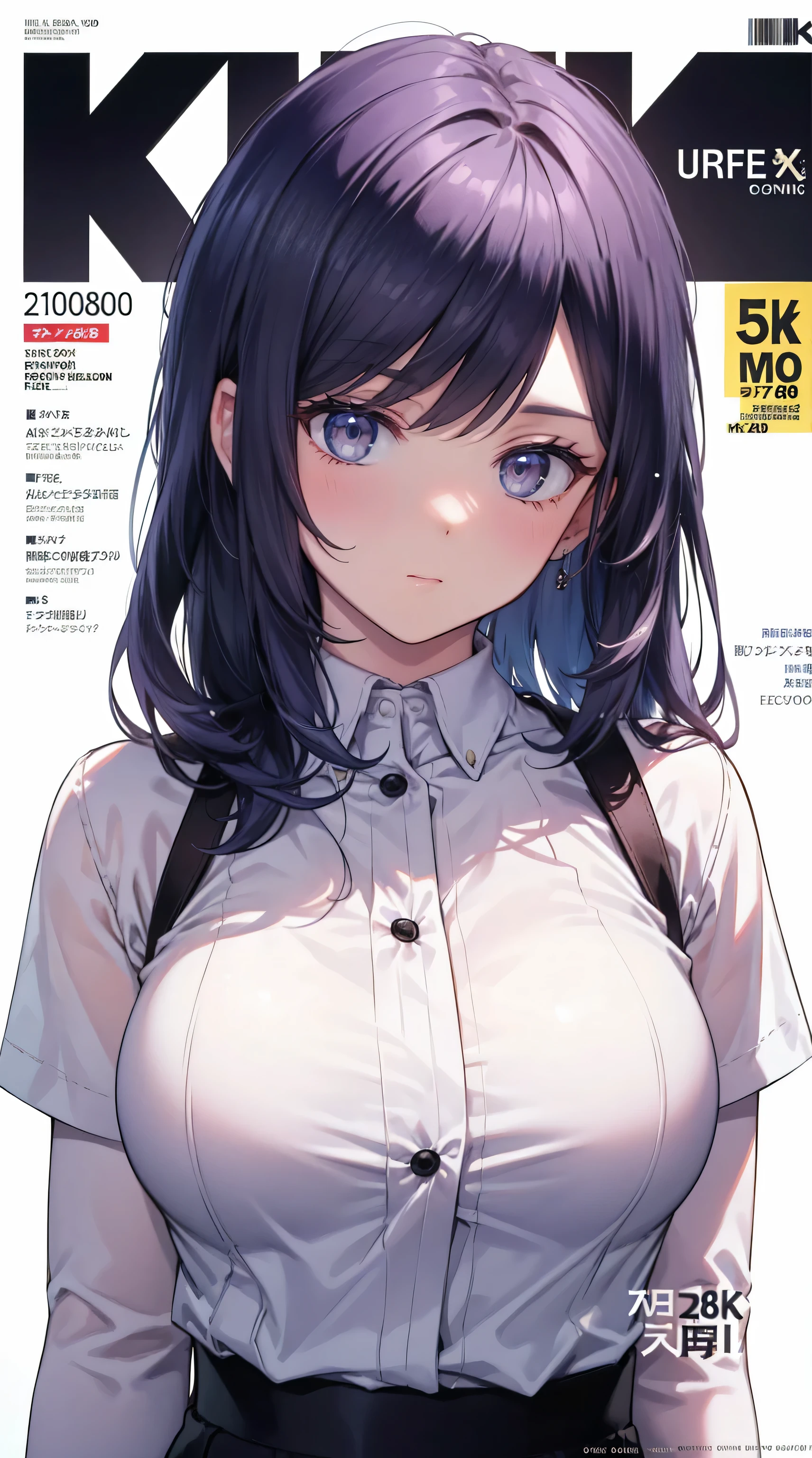 solo girl, upper body, white shirt, dark green hair, purple eyes, (( 8k, hyper realistic art, high resolution )), ultra realistic, blushing, smile at the audience, (( magazine cover ))