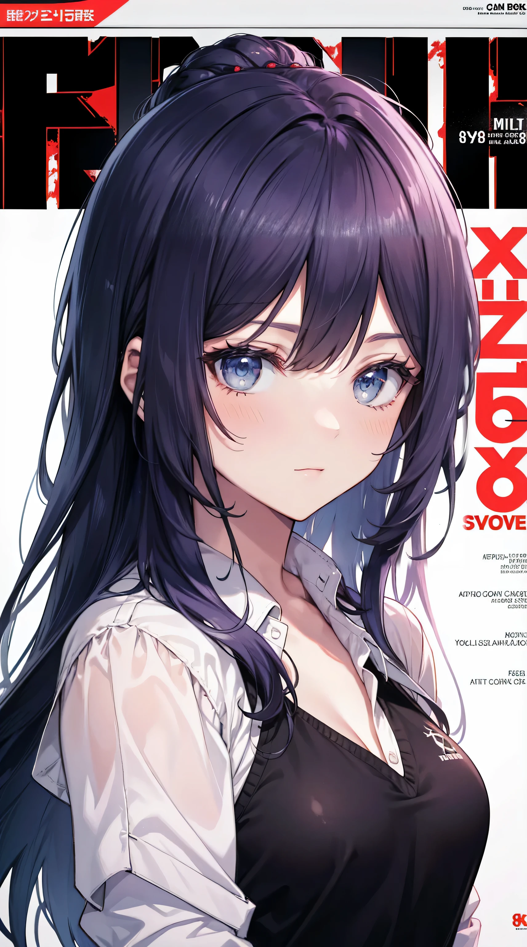 solo girl, upper body, white shirt, dark green hair, purple eyes, (( 8k, hyper realistic art, high resolution )), ultra realistic, blushing, smile at the audience, (( magazine cover ))