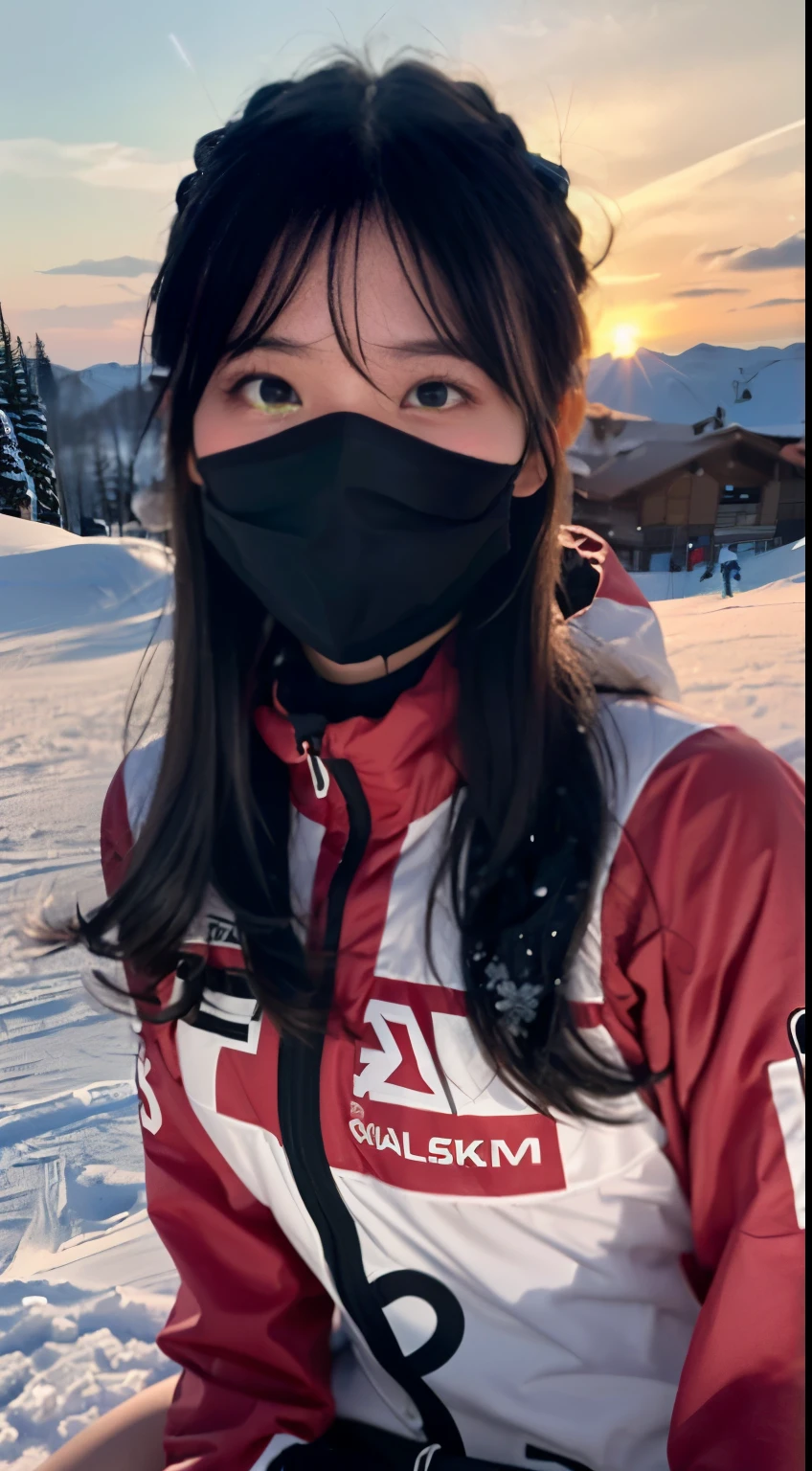 (Close up portrait of one girl with slender small breast and long hair dressed in colorful ski clothes。。:1.5)、(A girl skiing with her face raised :1.5)、(snow ski garden:1.5)、(Beautiful sunset red sky 1.5)、(perfect anatomy:1.3)、(no mask:1.3)、(Refers to the whole:1.3)、Photoreal、RAW photo、table top、highest quality、High resolution、delicate and beautiful、perfect face、fine and beautiful eyes、Fair skin、real human skin、pores、((thin legs))、(black hair)