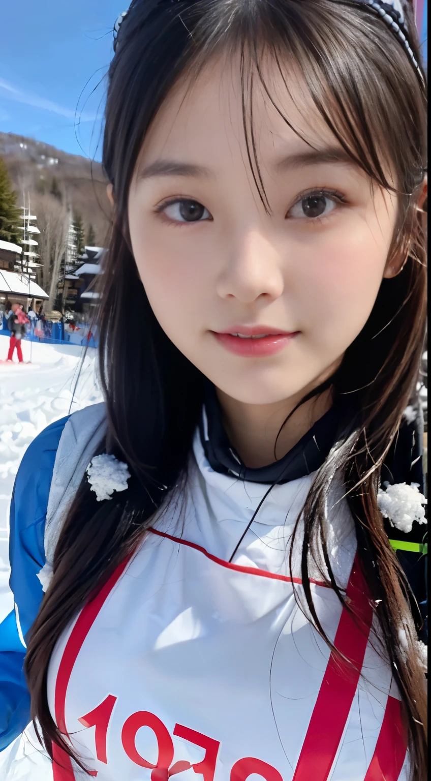 (Close up portrait of one girl with slender small breast and long hair dressed in colorful ski clothes。。:1.5)、(A girl skiing with her face raised :1.5)、(snow ski garden:1.5)、(Beautiful sunset red sky 1.5)、(perfect anatomy:1.3)、(no mask:1.3)、(Refers to the whole:1.3)、Photoreal、RAW photo、table top、highest quality、High resolution、delicate and beautiful、perfect face、fine and beautiful eyes、Fair skin、real human skin、pores、((thin legs))、(black hair)