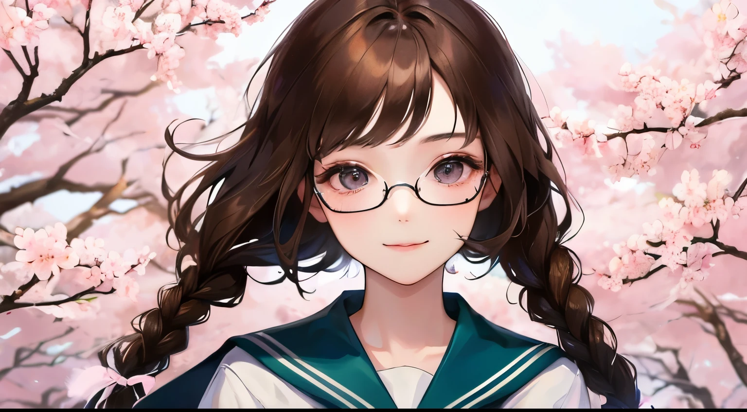 (((one girl)))、Masterpiece,best quality, ((Looking up at the cherry blossoms in bud))), determined expression, upper body diagram、Glasses、((shy smile))、sailor suit、
(highest resolution、clear_image)、best quality、contrast of light and shadow、((illumination))、very detailed、semi-realistic、braided hairstyle、brown hair、bangs、15 years old、office Lady,,young、((View from the front))、delicate facial features facial features、