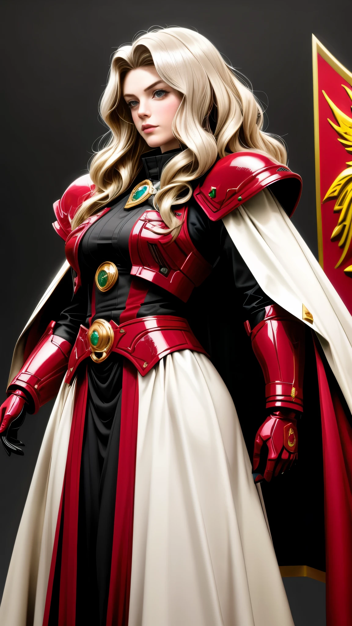 Realistic Red Sotheby Girl Photo,35 year old beautiful woman,long side waves,delicate blonde hair,cool look,background is gray,Coat of arms of the Principality of Zeon,