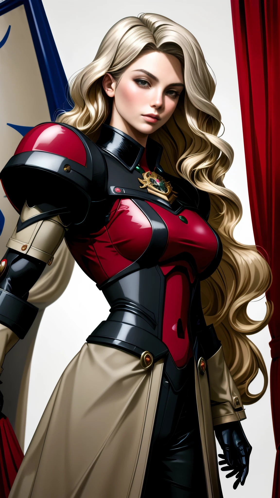Realistic Red Sotheby Girl Photo，35 year old beautiful woman，long side waves，delicate blonde hair，cool look，background is gray，Coat of arms of the Principality of Zeon，