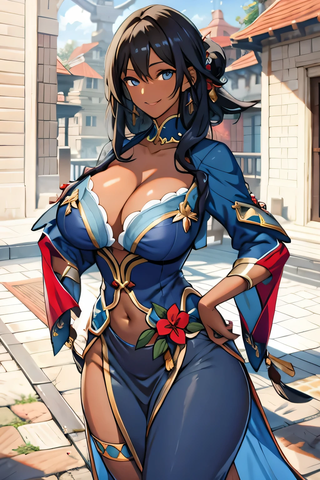 long black hair, colored skin, brown skin, blue eyes, solo, smiling, standing, upper body, hips, gigantic breasts, blue clothes, cleavage