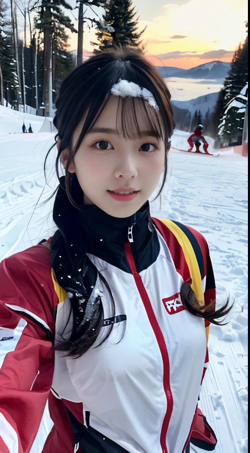 (Close up portrait of one girl with slender small breast and long hair dressed in colorful ski clothes。。:1.5)、(A girl skiing with her face raised :1.5)、(snow ski garden:1.5)、(Beautiful sunset red sky 1.5)、(perfect anatomy:1.3)、(no mask:1.3)、(Refers to the whole:1.3)、Photoreal、RAW photo、table top、highest quality、High resolution、delicate and beautiful、perfect face、fine and beautiful eyes、Fair skin、real human skin、pores、((thin legs))、(black hair)