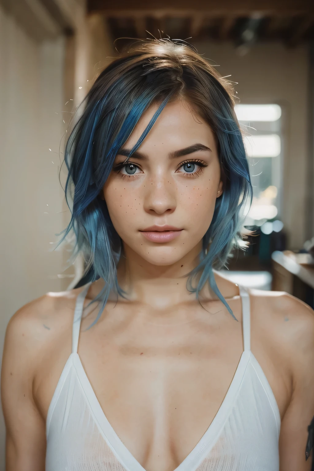 realistic portrait photo of beautiful woman with blue hair, hair roots slightly faded, so, infuencer, light freckles, light brown eyes, no make up instagram doing gymnastics