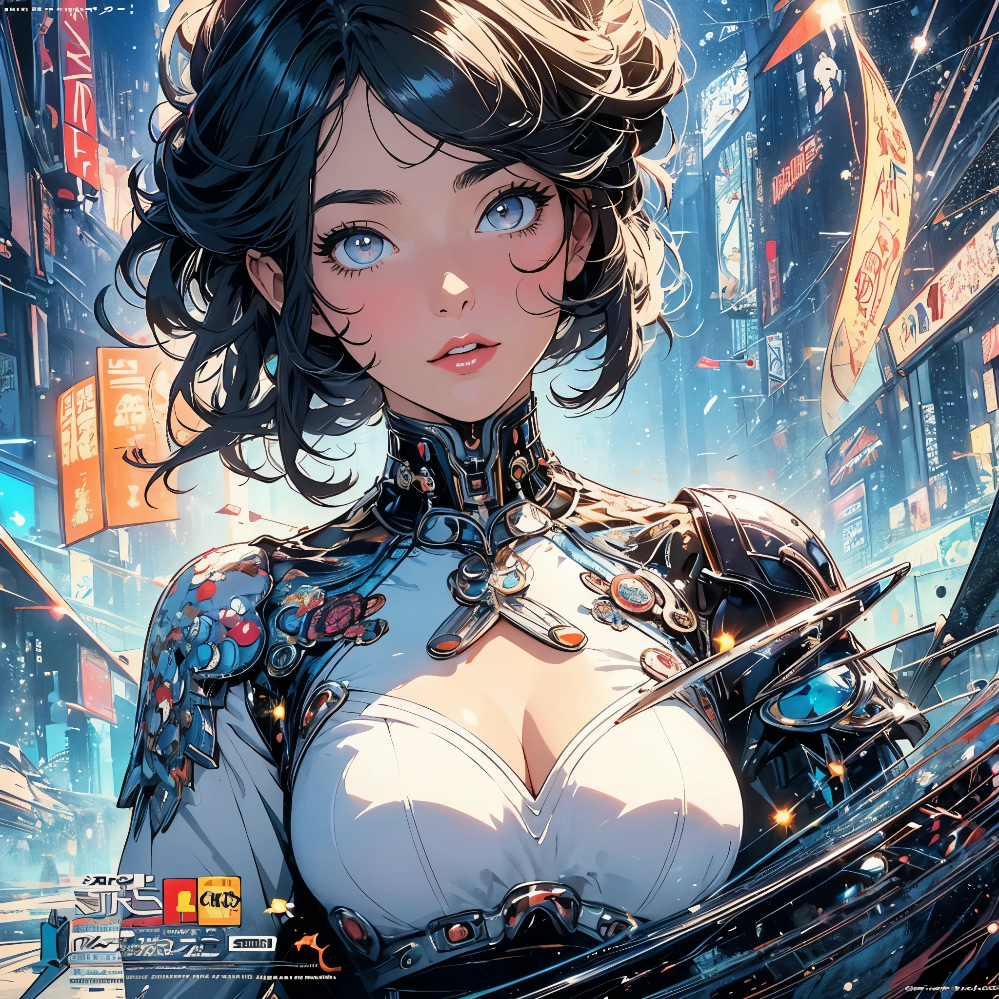 (masterpiece, highest quality), 32K,(highly detailed beautiful woman), poster,SF,1960s,1970s,bauhaus, shape, abstract,movie poster, vintage,retro,futuristic anime,ultimate map,highlight,highly detailed glowing eyes,cleavage,complicated pattern,Stylish hairstyle,White clothes,Starry Sky,cyber punk