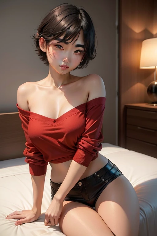 Sexy girl, messy hair, seductive gaze and smile, blushing intensely, lustful look, sitting on bed, oversized clothing, bare shoulders