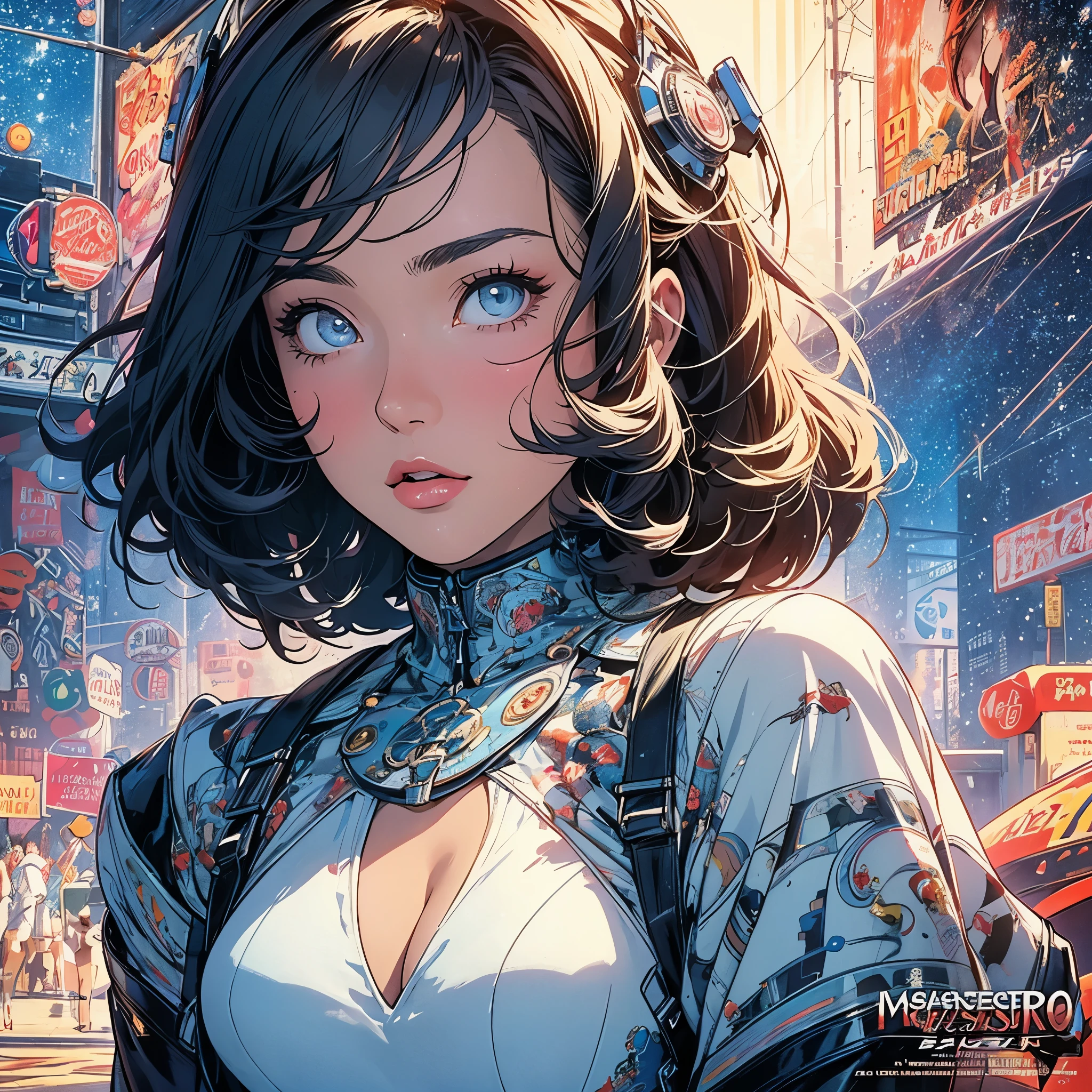 (masterpiece, highest quality), 32K,(highly detailed beautiful woman), poster,SF,1960s,1970s,bauhaus, shape, abstract,movie poster, vintage,retro,futuristic anime,ultimate map,highlight,highly detailed glowing eyes,cleavage,complicated pattern,Stylish hairstyle,White clothes,Starry Sky,cyber punk