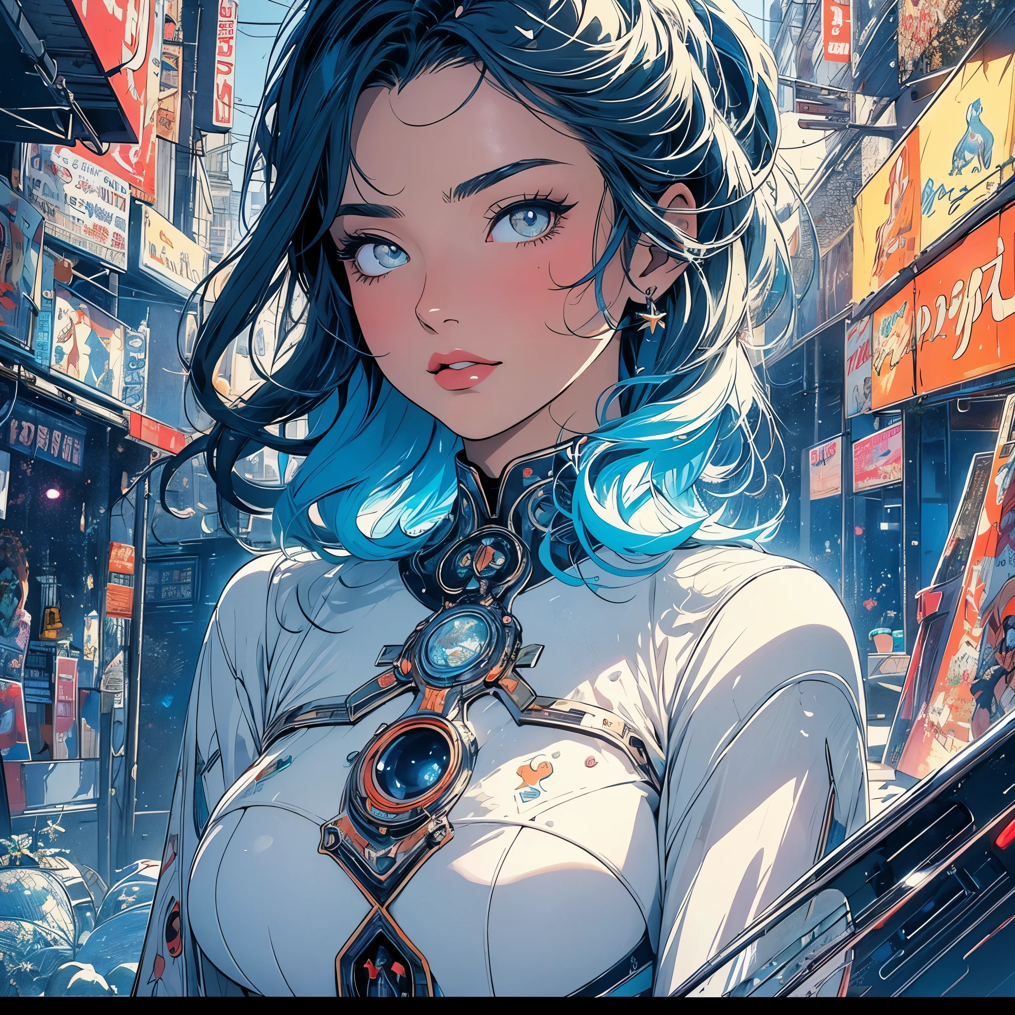 (masterpiece, highest quality), 32K,(highly detailed beautiful woman), poster,SF,1960s,1970s,bauhaus, shape, abstract,movie poster, vintage,retro,futuristic anime,ultimate map,highlight,highly detailed glowing eyes,cleavage,complicated pattern,Stylish hairstyle,White clothes,Starry Sky,cyber punk