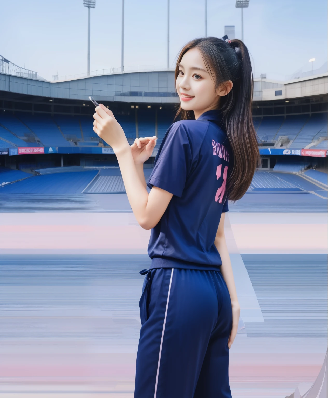 (best quality,10,10,height,Masterpiece:1.2),Special details,(realistic,ภาพrealistic,Realistic photos:1.37),1 cute girl on the football field,shiny, ผิวshiny,only,smile softly,BDclothelue shirt:1.3)),short sleeve,shirt, กางเกงขาlong.,(navy_long_track pants:1.1), ((stadium background:1.3)),Dynamic angle,excited,Face focus,dynamic poses,from behind,focus on ass,Masterpiece, best quality, ultra realistic, hyper-detail, 8K resolution, raw photos, Sharp focus, ((Navy blue shirt:1.1)), short sleeve, เส้นทางlong, perfect body, 2 mature women, 18 years old, Cinema-grade lighting system,blue sweatpants,shirtผ้าออกกำลังกาย,correct anatomy,perfect body, correct body, Sharp face, correct bodyทางกายวิภาค, full body, realistic gestures, long-haired, realistic poses,Wear long shorts................................,ช่วงขาlong,Good shape,carved girl, Slender figure, model, Good shape, beautiful body,blue sweatpants, two girls kissing