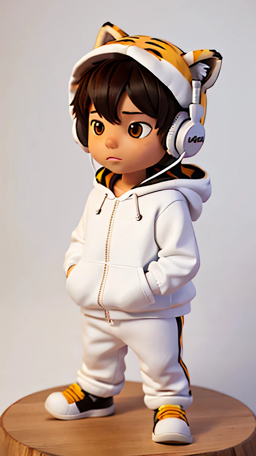a tiger cub standing,wearing a hoodie and a headphone, white background, looking at camera