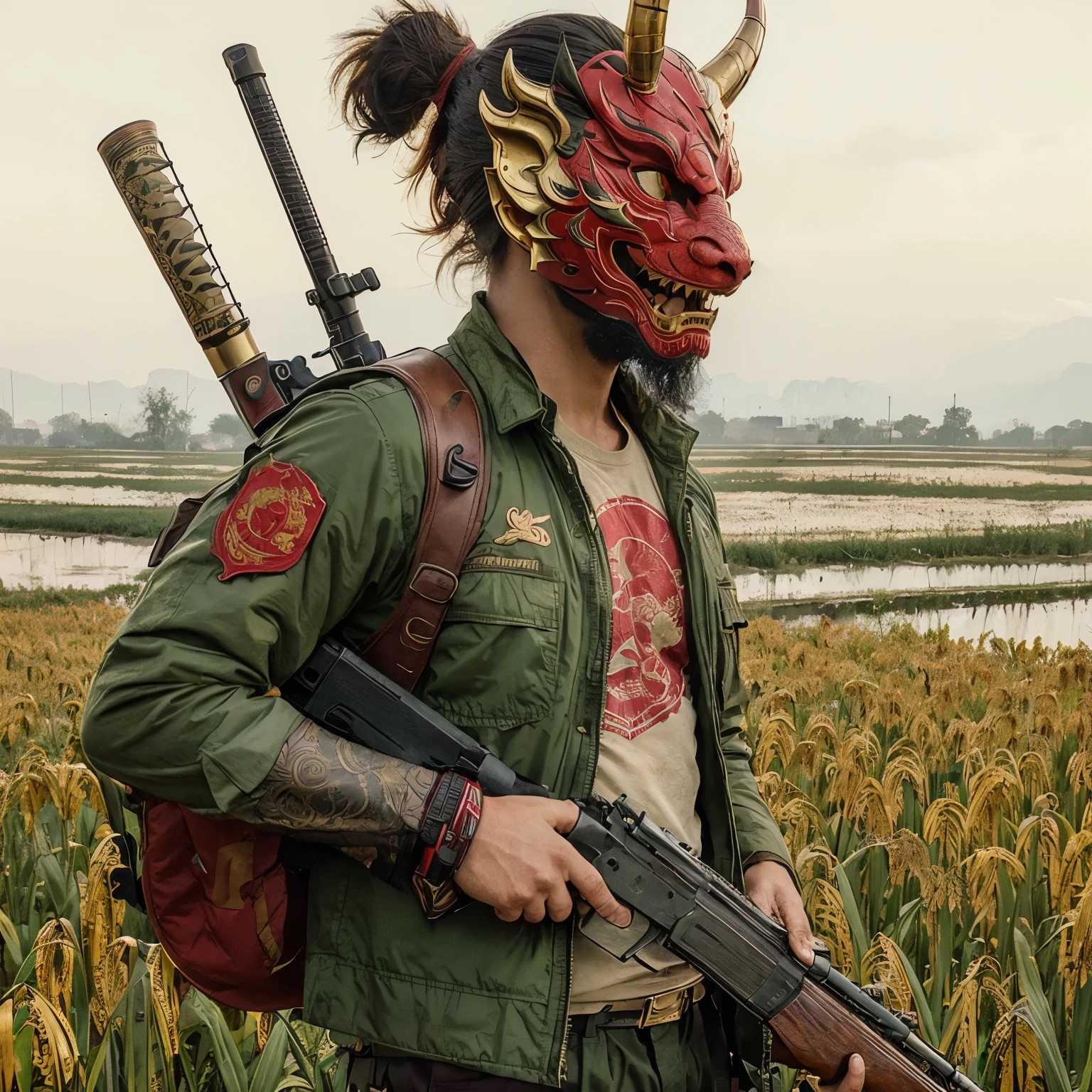 Realistic,:red Chinese dragon mask gold motif,and army green jacket, shotgun 2.HD, photography, cinematic,4k