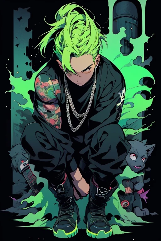hombre delgado, barba perfectamente recortada, pelo largo en corte ninja con trenzas , light green hair color and black at the roots. con tatuajes en los 2 hombros pecho y pierna derecha, ropa estilo urbano playera en color blanca y una negra arriba de la blanca, ecko black denim pants, botas timberland en color crema, 1.65 estatura. (rapper) (urbano style) (animated) ((style anime)) (graffiti spirit secret art death painting,)  30% de cibor futurista, humano ft robot futurista, hero soldier, hombre rapero ninja futurista.(((HD, 4K, REAL))) (8K) ULTRA DEFINIDO. magia mistica (cuerpo completo)full body skinny spirit of fire. qui azul