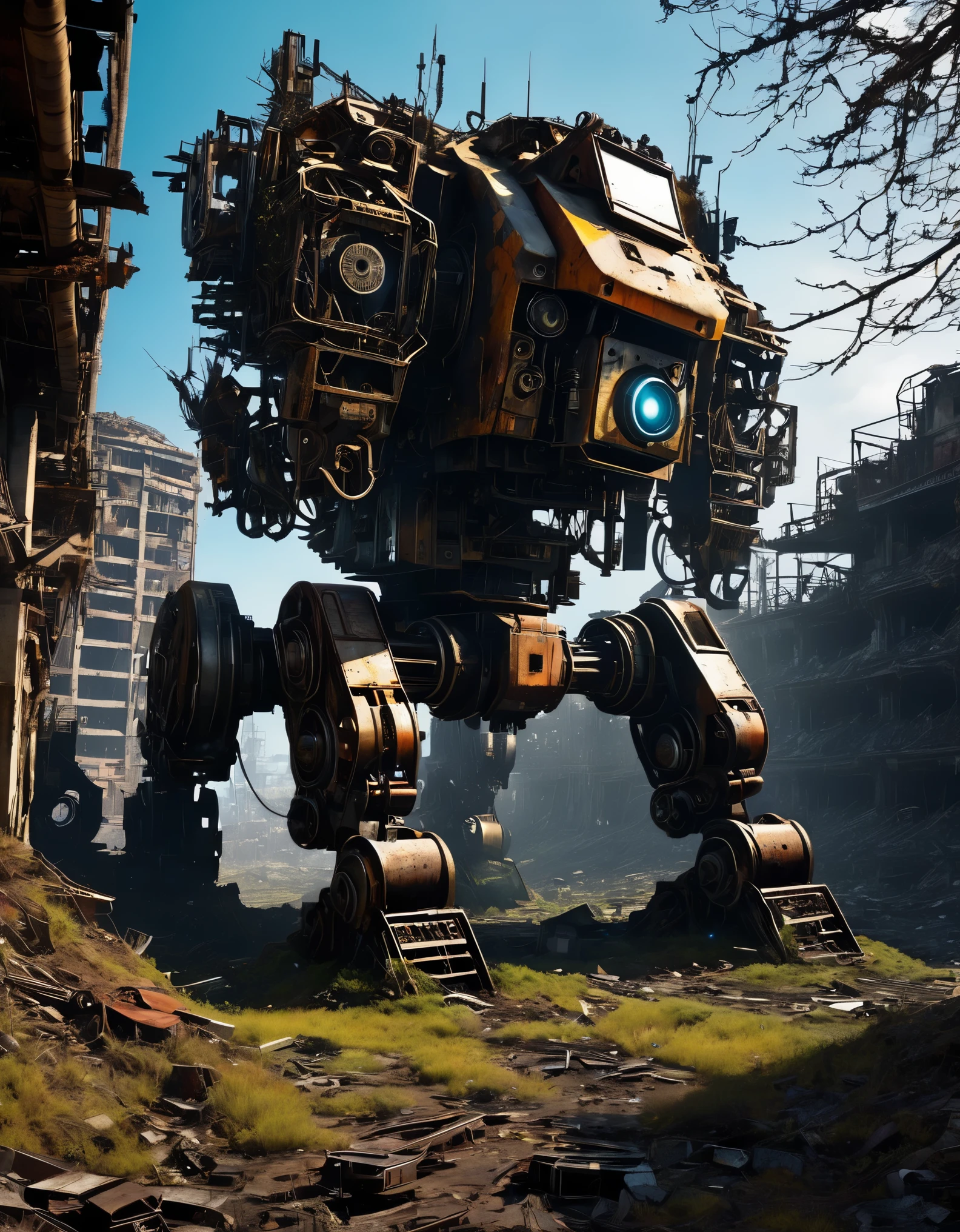 (Best Quality, High Definition), Abandoned machinery, super duper robotic heads with severed limbs, super duper robotic heads with mutilated bodies, super duper scrapped robotic heads, super duper broken mecha trash mountains, mechanical trash mountains, post-apocalyptic, anti-utopia, rusty metal, broken parts, moss, ghostly atmospheres, destroyed cities, mechanical wrecks, inanimate, desolation, somber lighting, dramatic perspectives, decay, futuristic, cyberpunk aesthetics, darkness, contrasts, shadows, mystique, abandoned buildings, debris, discarded machinery, ghosts, silence, loneliness, barrenness, covered with dead branches,Rusty,