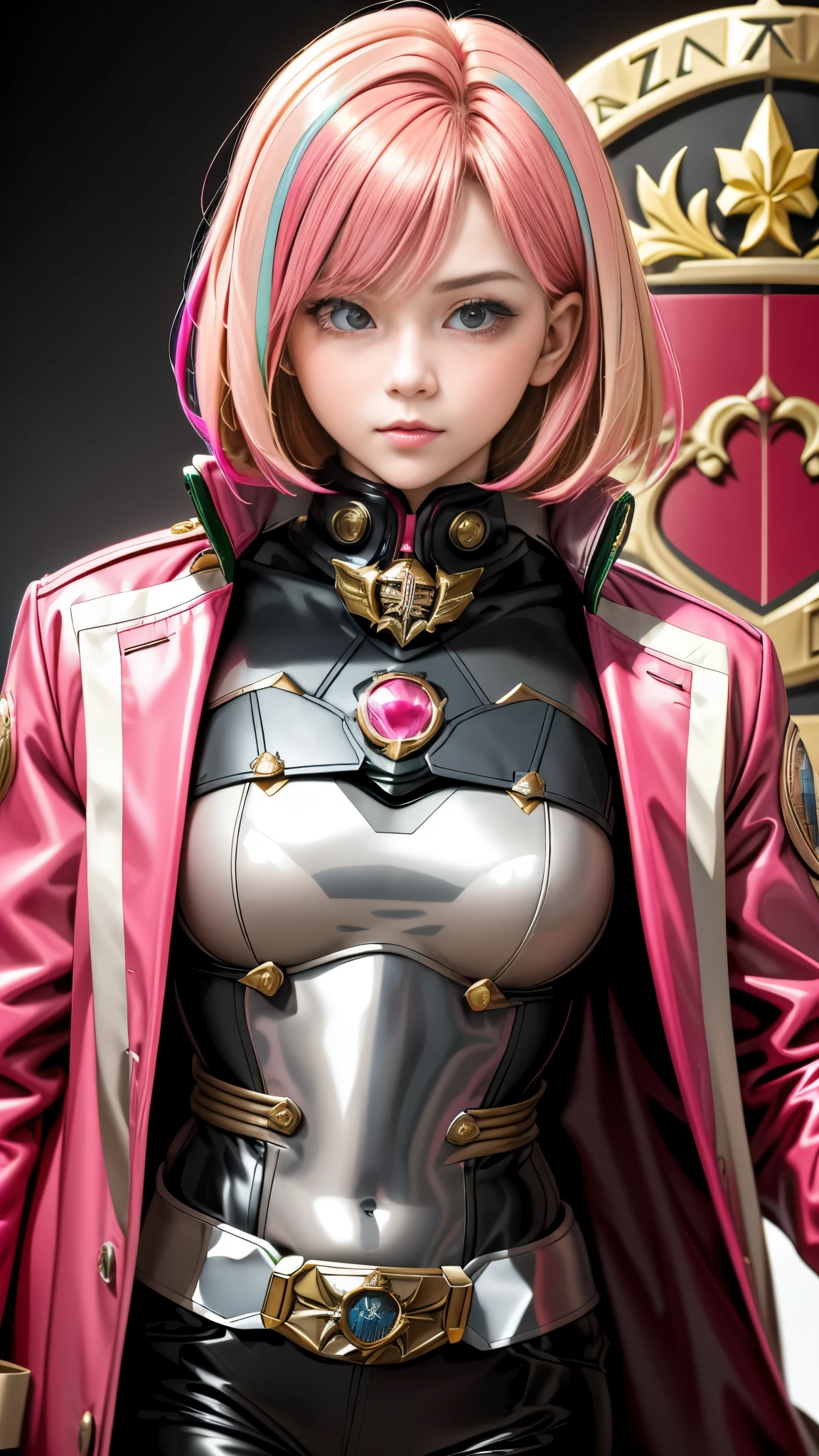 Realistic Red Sotheby Girl Photo,short bob cut,Her hair color is bright pink and has a gradation with blonde.,cool look,background is gray,Coat of arms of the Principality of Zeon,The 16-year-old daughter of Hamankarn and Char Aznable.,