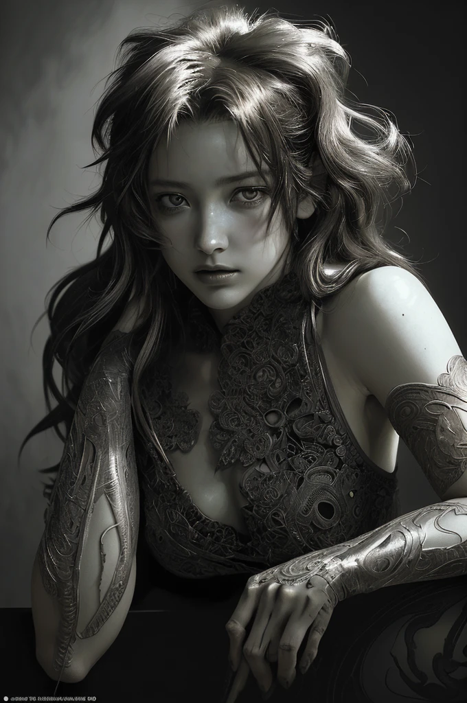 Photo of TWbabeXL01,professional photograph of a beautiful French Goddess by YOSHITAKA AMANO, Yoji Shinkawa and Amy Judd and edward weston, French elements, bold lines, hyper detailed, dramatic lighting, (intricate details, masterpiece, best quality:1.4), color palette,