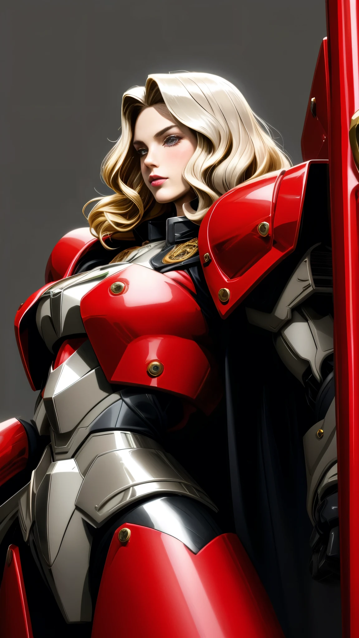 Realistic Red Sotheby Girl Photo，35 year old beautiful woman，long side waves，delicate blonde hair，cool look，background is gray，Coat of arms of the Principality of Zeon，