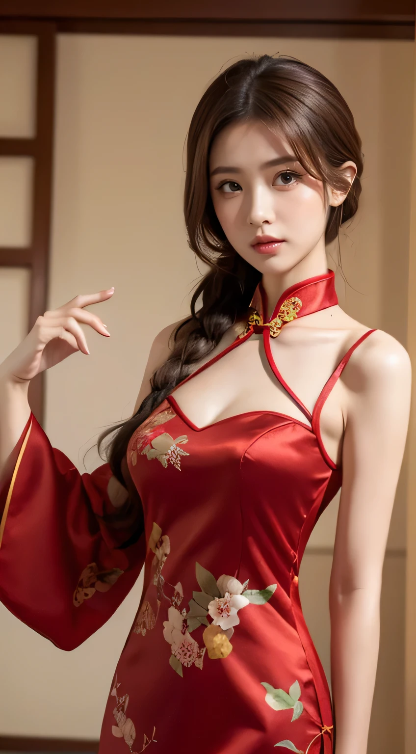 Illustration design, Delicate characters, janelas, Middle breast,(Medium-chested),Slim,Brown hair, Big eyes, Long cheongsam