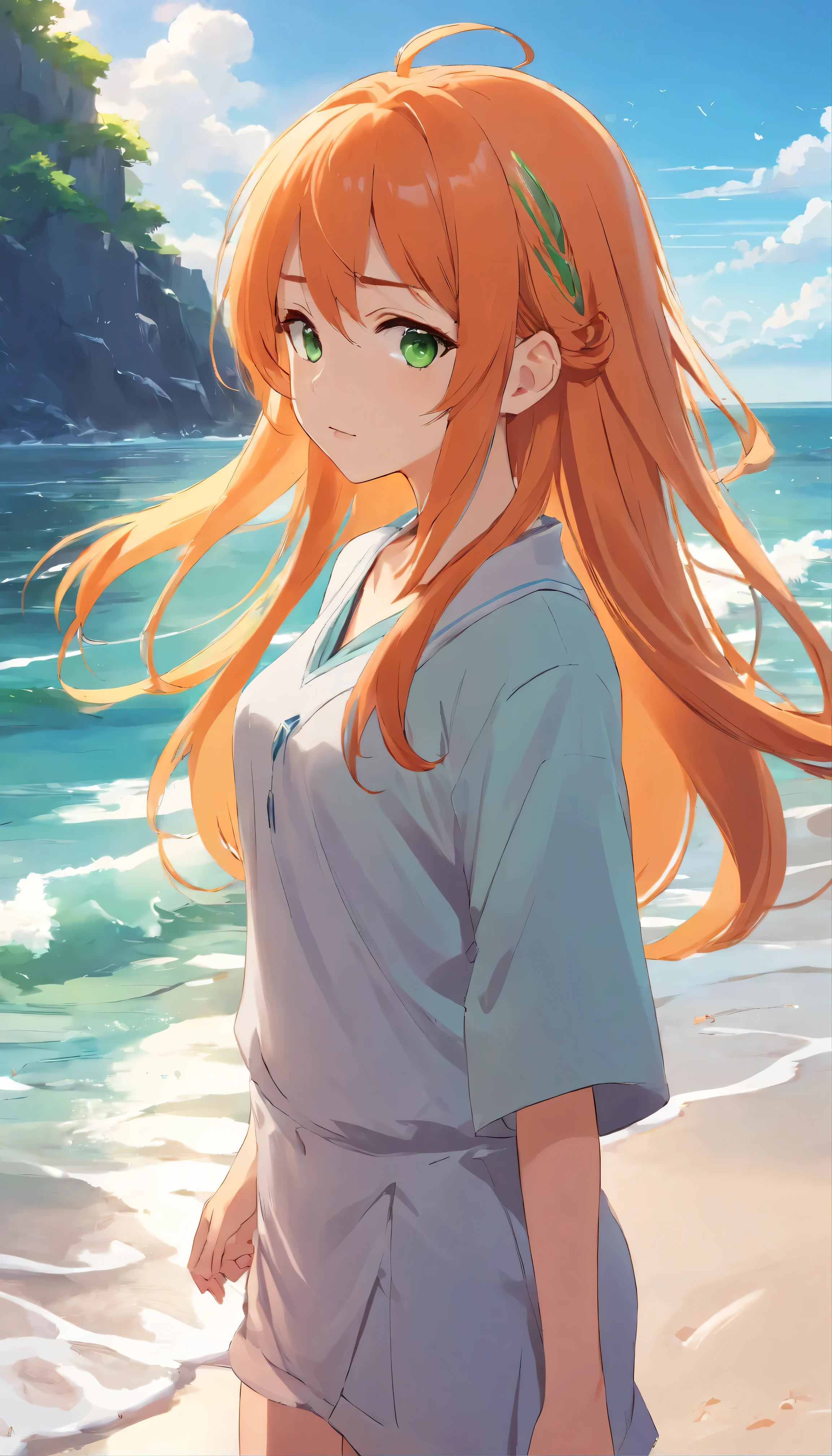 Anime girl with long orange hair, standing on the beach near the ocean, green eyes detailed digital anime art, Anime girl with long hair, гладкое аниме cg art, Anime girl with long hair, digital anime art, work in Guweiz style, Beautiful anime portrait, Photorealistic render of an anime girl, Beautiful anime girl, advanced digital anime art, guweiz на artstation pixiv HD UHD HQ