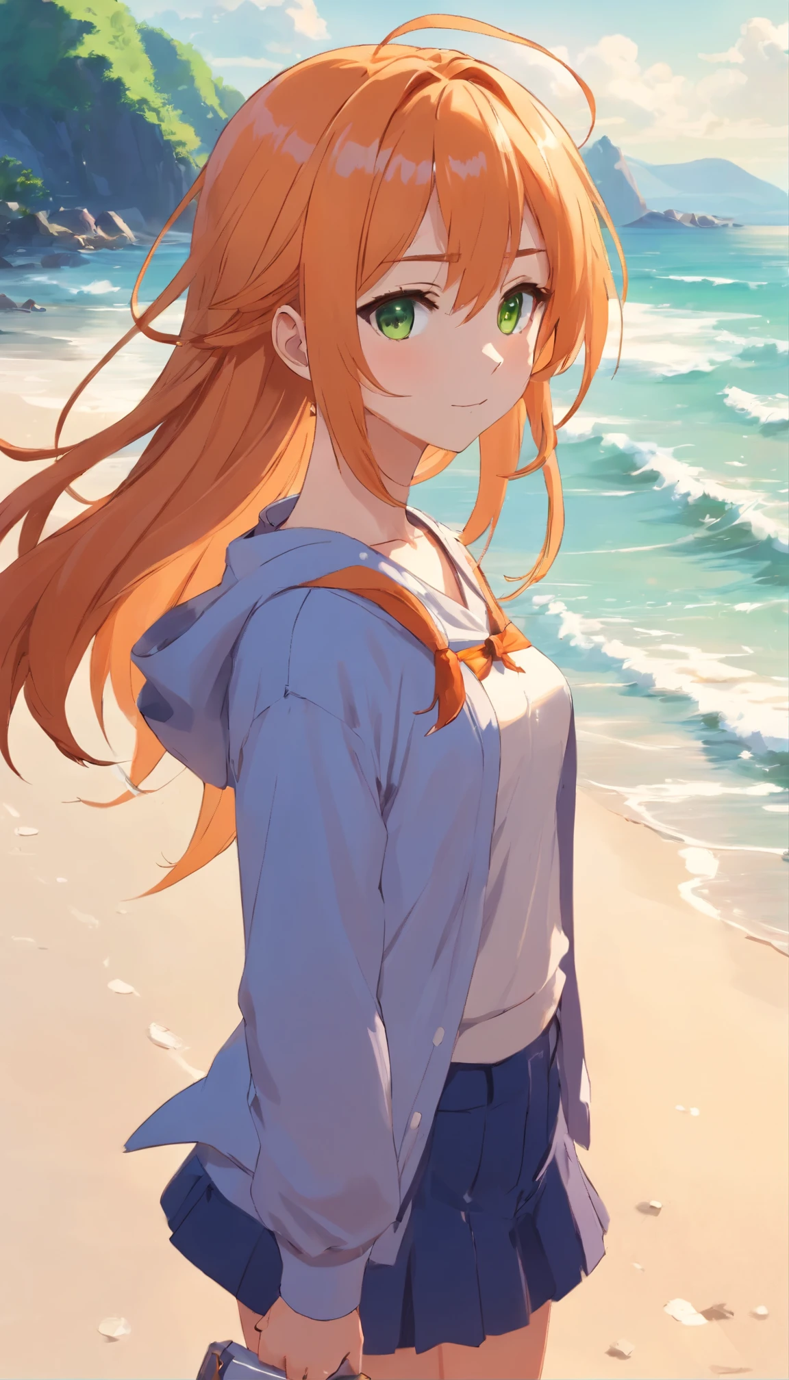 Anime girl with long orange hair, standing on the beach near the ocean, green eyes detailed digital anime art, Anime girl with long hair, гладкое аниме cg art, Anime girl with long hair, digital anime art, work in Guweiz style, Beautiful anime portrait, Photorealistic render of an anime girl, Beautiful anime girl, advanced digital anime art, guweiz на artstation pixiv HD UHD HQ