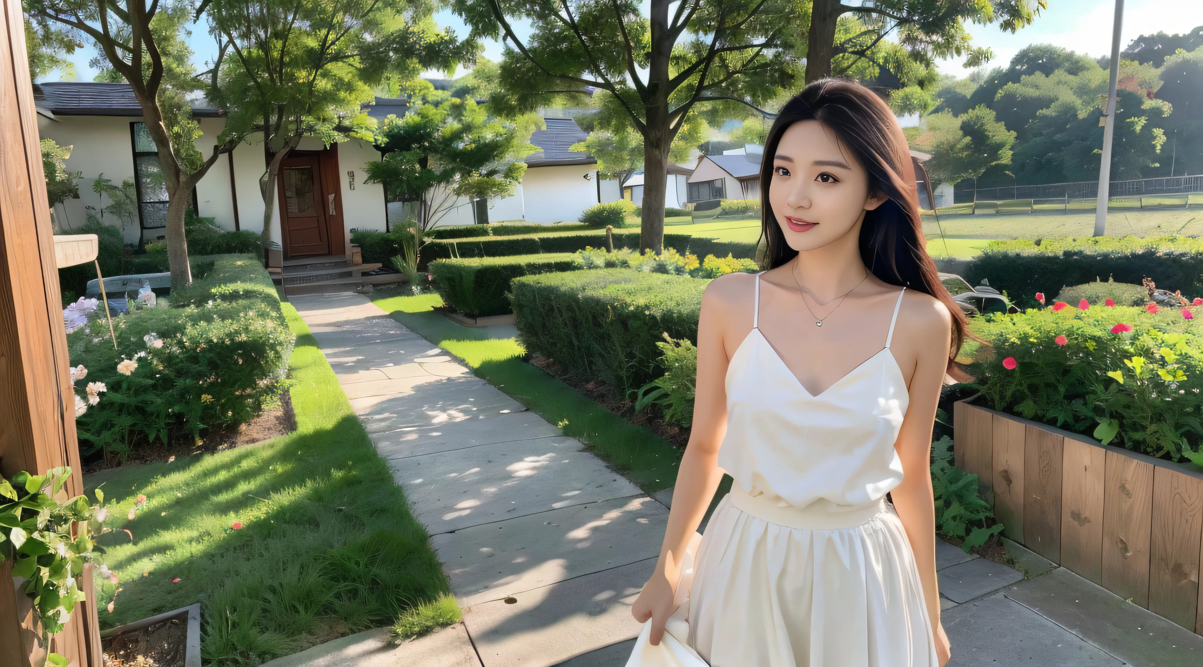 ，masterpiece, best quality，8k, ultra high definition，Real light and shadow，lens，(beautiful eyes:1.1)， ((中景 the scene is，upper part of body))，dynamic poses，on a green meadow，Rounder face shape，The gentle goddess walks with gentle steps。She is wearing a white dress，A gentle breeze blew by，The skirt dances gently。The sun shines through the leaves on her hair，Reflecting her clear eyes and gentle smile。Colorful butterflies flutter around her，Flowers bloom at her fee as if nature is cheering for her。