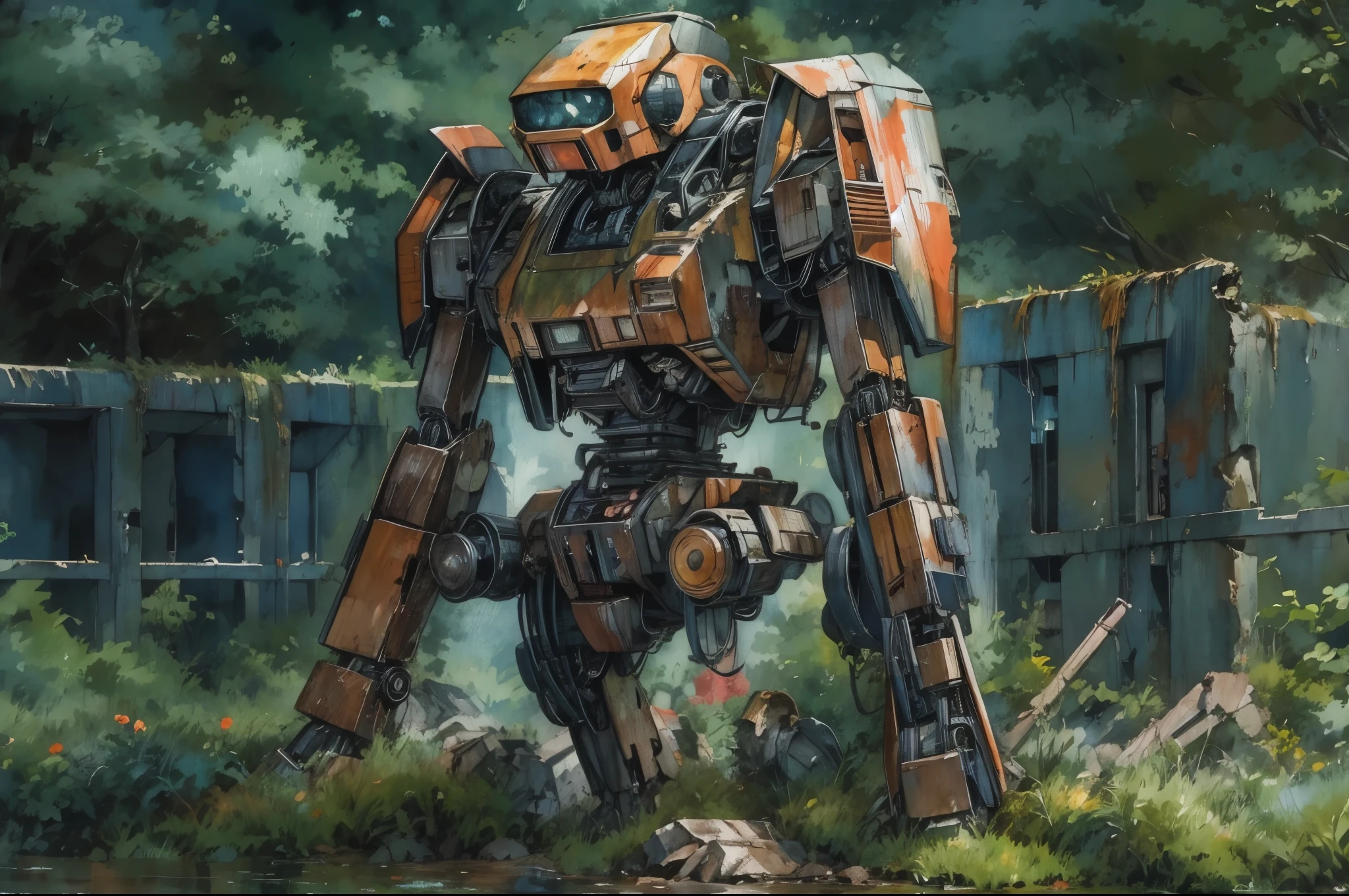 rusty Mecha, dead laying mecha, Abandoned Mech, {broken mecha:1.5}, in junkyard, scrapped, bushes, grass, {rusted. rust, rusty:1.5}, (anime:1.9), (watercolor, high detail, cinematic lighting, god rays, ray tracing, reflection light, backlighting, drop shadow, bokeh, UHD, retina, masterpiece, anatomically correct, super detail, high details, high quality, highres, best quality, 4K, 1080P, 8k