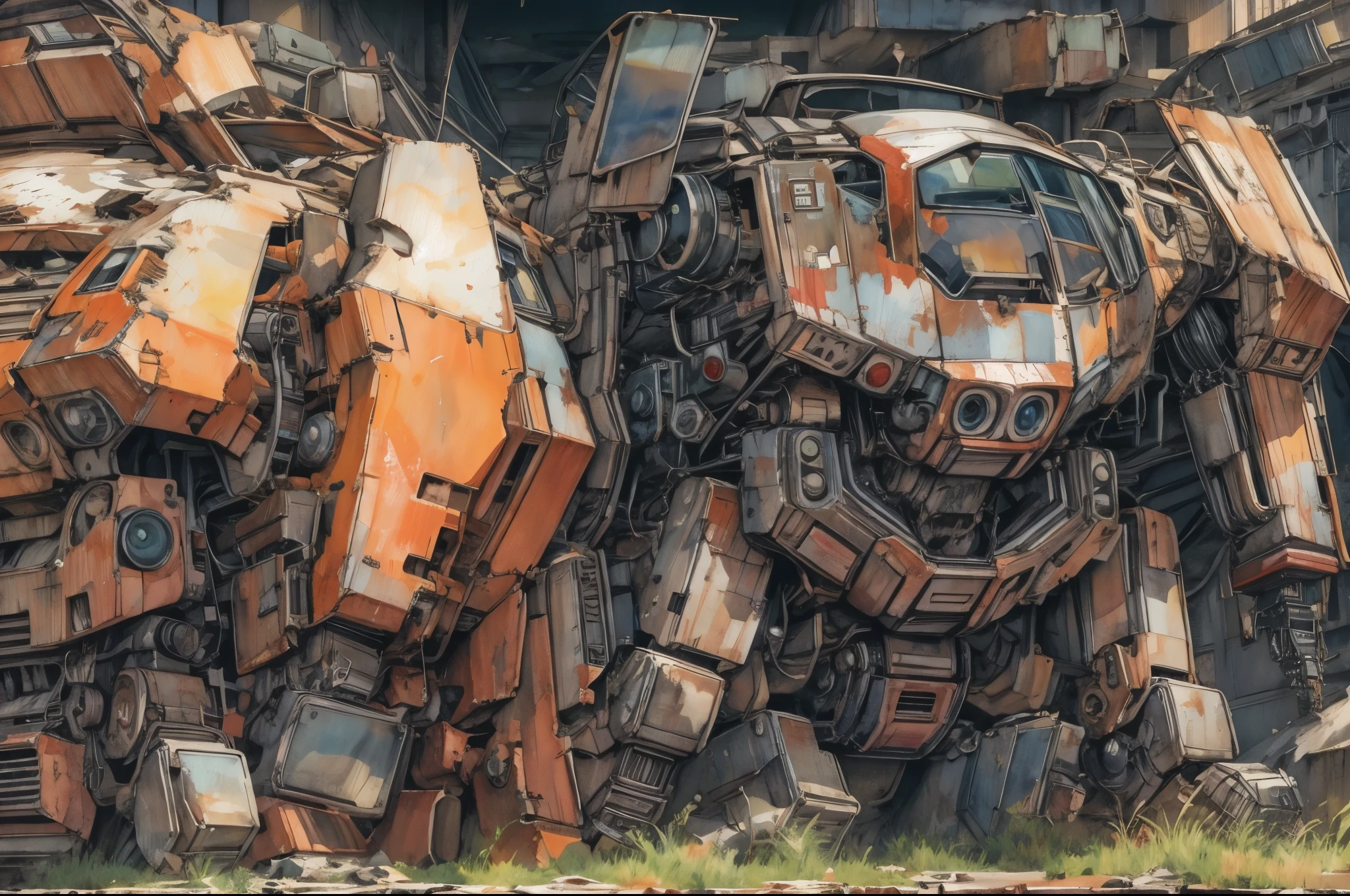 rusty Mecha, dead laying mecha, Abandoned Mech, {broken mecha:1.5}, in junkyard, scrapped, bushes, grass, {rusted. rust, rusty:1.5}, (anime:1.9), (watercolor, high detail, cinematic lighting, god rays, ray tracing, reflection light, backlighting, drop shadow, bokeh, UHD, retina, masterpiece, anatomically correct, super detail, high details, high quality, highres, best quality, 4K, 1080P, 8k