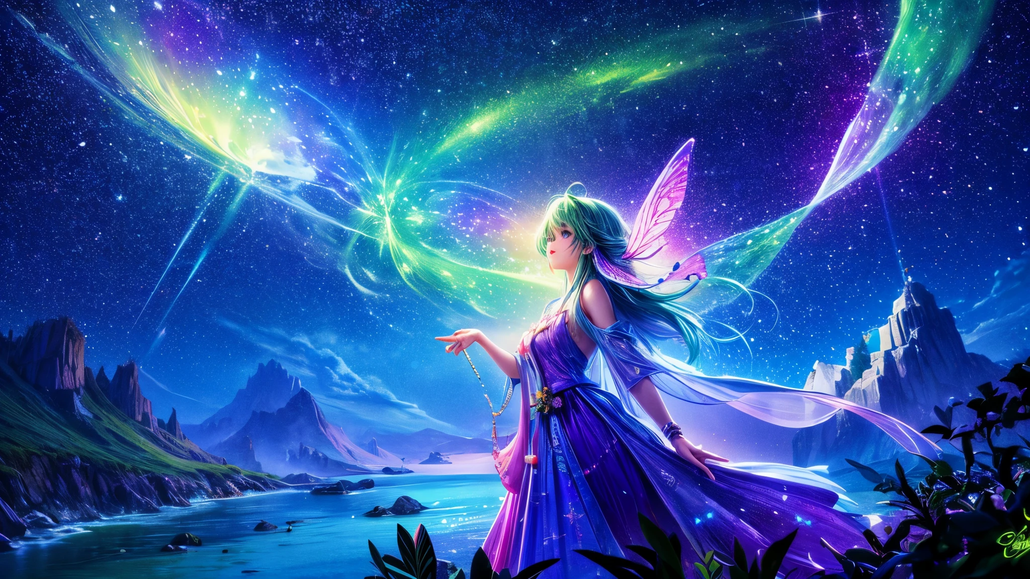 Cute girl characters、green grass々Depicts a butterfly flying over the water, Looking up at the starry sky. Surround her with colorful nebulae and colorful forests.
