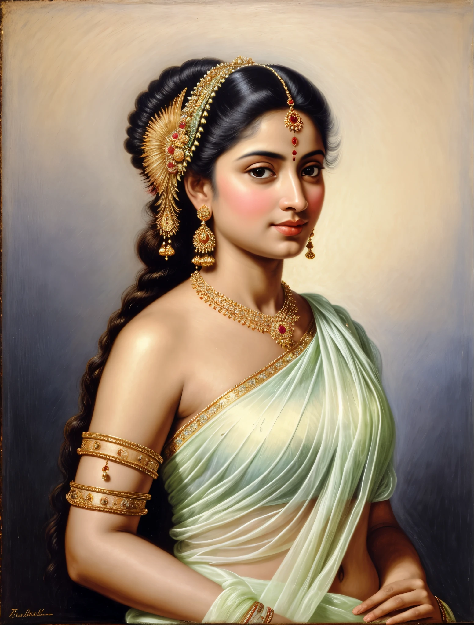 Beautiful Indian Woman, wearing saree, sari Beauty, gorgeous, Apsara, Maharani, royal queen woman, nymph from Hindu Mythology, Urvashi, matchless beauty, Highly detailed, Oil Painting by Peter Paul Rubens inspired by Raja Ravi Varma, Matchless beauty, captivating, gorgeous, heavenly beauty, celestial beauty, by Peter Paul Rubens, 1893, realistic, hyper realistic, micro details, incredible artwork, insane details, ultra High resolution, 8k, 32k, acrylic on canvas, intricate, flawless, detailed, detailed face, detailed eyes, masterpiece, by Peter Paul Rubens, by Caravaggio, by William Adolphe bouguereau, perfect face, perfect body, beautiful art, realism, baroque, renaissance Art, highly textured, beautiful and detailed eyes, uhd, best quality,