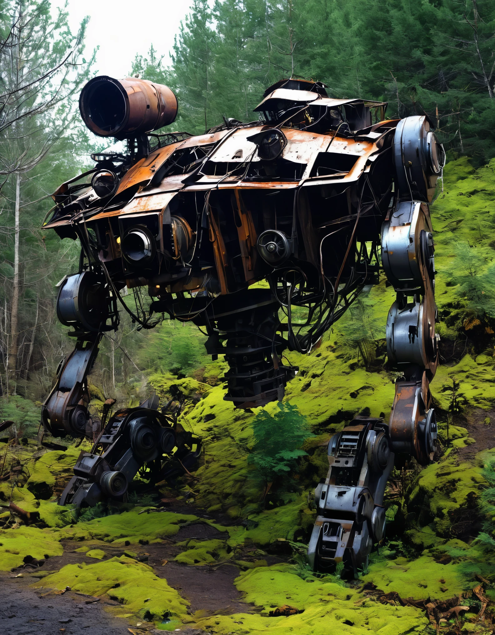 (Best Quality, High Definition), Abandoned machinery, super duper robotic heads with severed limbs, super duper robotic heads with mutilated bodies, super duper scrapped robotic heads, super duper broken mecha trash mountains, mechanical trash mountains, post-apocalyptic, anti-utopia, rusty metal, broken parts, moss, ghostly atmospheres, destroyed cities, mechanical wrecks, inanimate, desolation, somber lighting, dramatic perspectives, decay, futuristic, cyberpunk aesthetics, darkness, contrasts, shadows, mystique, abandoned buildings, debris, discarded machinery, ghosts, silence, loneliness, barrenness, covered with dead branches,Rusty,(intricate details:0.65)