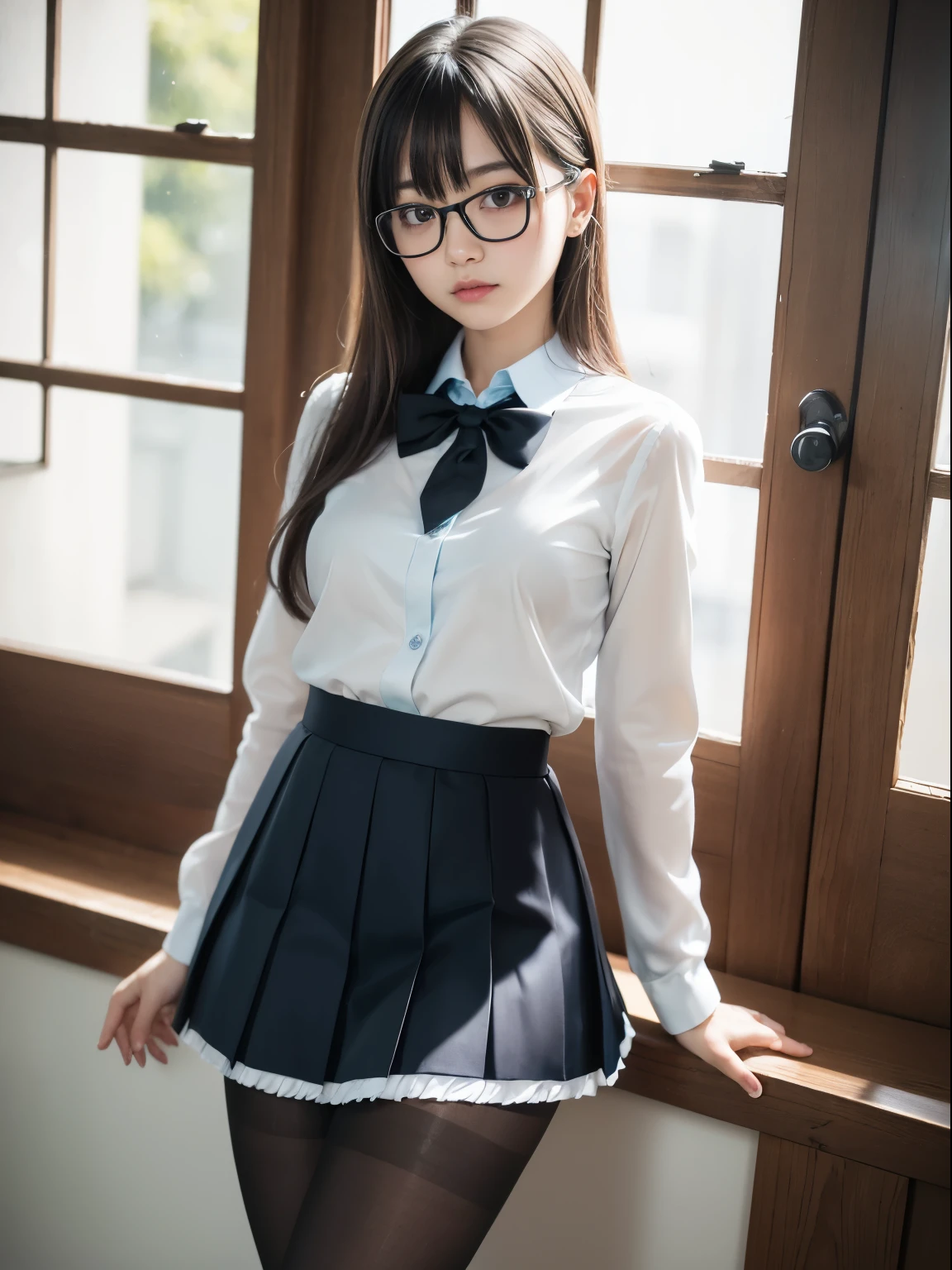 (8k、RAW photography、highest quality、masterpiece:1.2),Cheeky,School,looking at the viewer,Looking at the front,Muchimuchi,erotic,student,Light green Bra,Bra showing through shirt,white skin,knees,,(((black pantyhose)),((black pantyhose)))(((black pantyhose)),((black pantyhose))),absurd,small face,,flat chest,前hairを真ん中から分けます、I can see the forehead,(cold look,きついeye,glare,strong,skinny,skinny)、masterpiece,highest quality、超A high resolution,RAW photo,Len,beautiful feces,one person, solo,glasses,,dark look,small breasts,whole body,丸glasses、cute,JK uniform,high school girl,japanese woman,standing,(Photoreal:1.37)、photon mapping,realistic、beautiful woman,cutesmall face,茶色のeye、black socks、(red bow tie)、radio city、物理ベースのLenダリング、Depth of the bounds written、blurred background、picture,body,teenage girl,beautiful feet, long legs, thin legs,(前hairが見える), hair, lips, green_eye, nose soft,(light blue shirt), (Navy, blue and white plaid pleated skirt), kneesが見える,thin clothing,, thigh, black cotton socks,Nogizaka Idol, actress, Japanese ID information