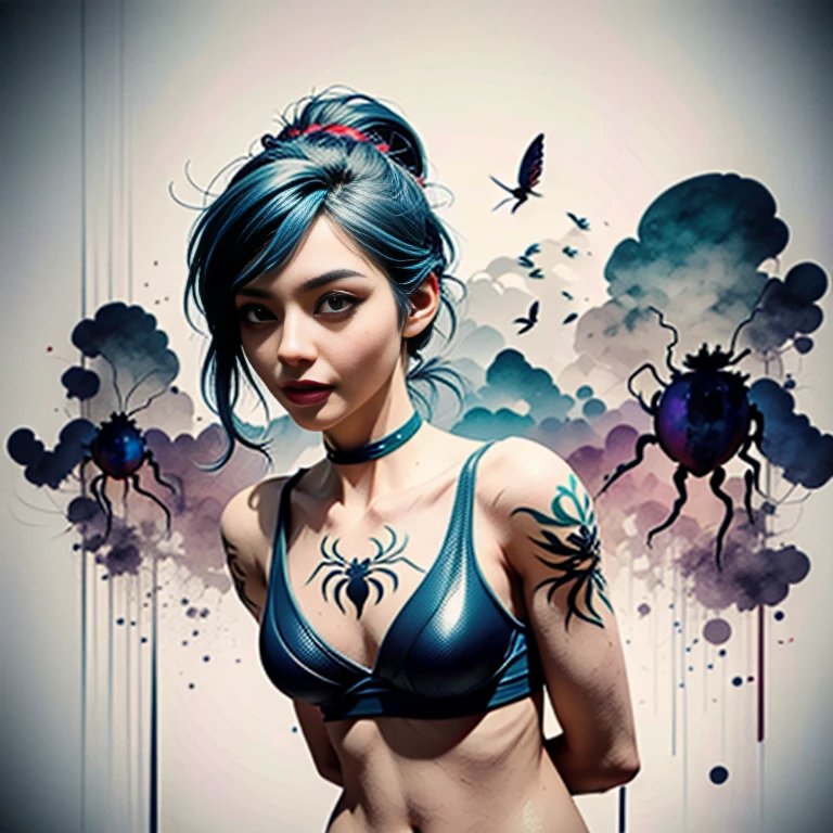 (masterpiece), (highest quality), (Super detailed), (A 19-year-old blue-haired woman with clown makeup and black insect tattoos all over her body.)、small breasts((get a spider tattoo on your chest))、(snake tattoo on arm)、、((neon color swimsuit))、shot from below、full body portrait